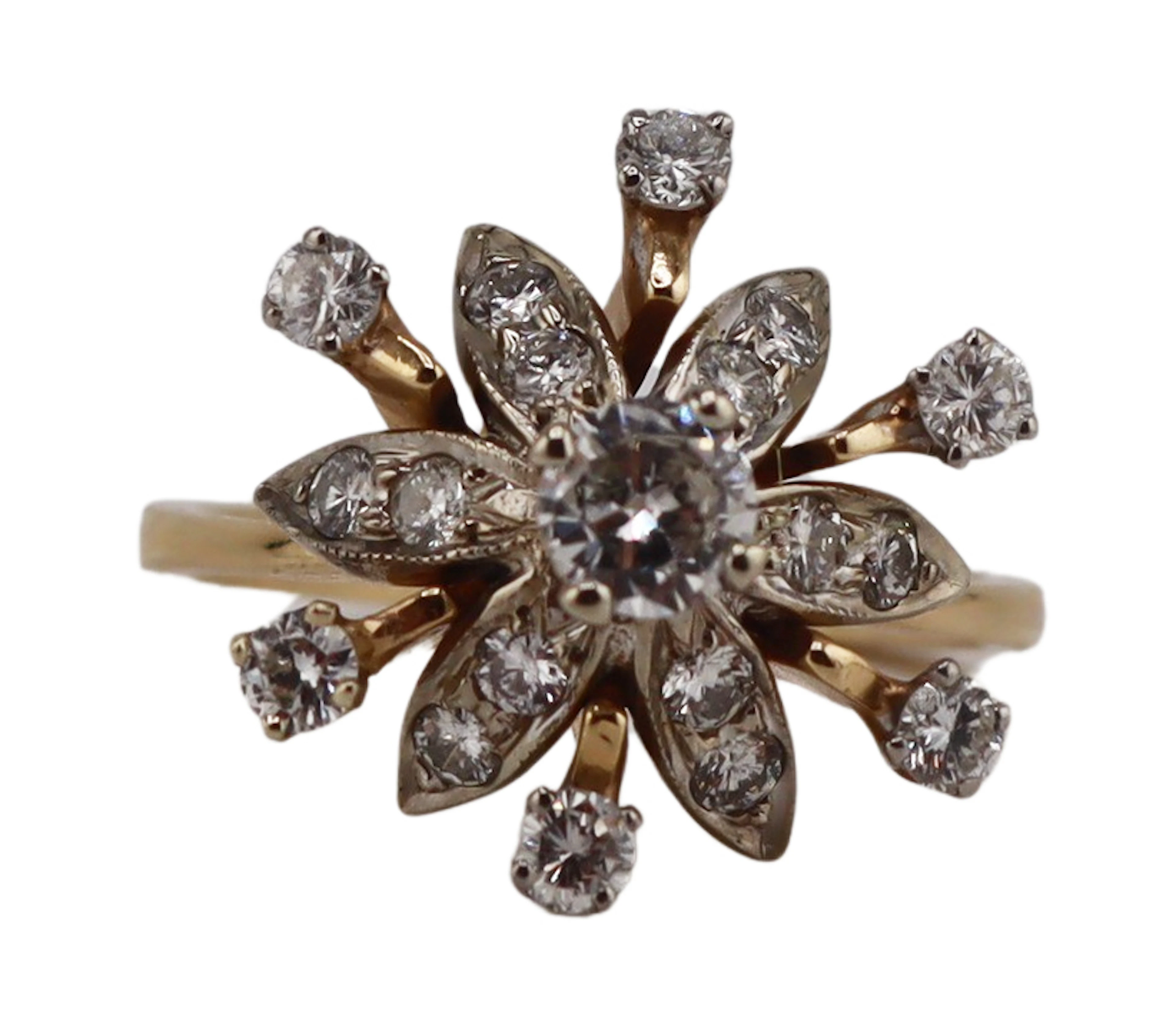JEWELRY. 13.5kt Gold and Diamond Floral Ring.