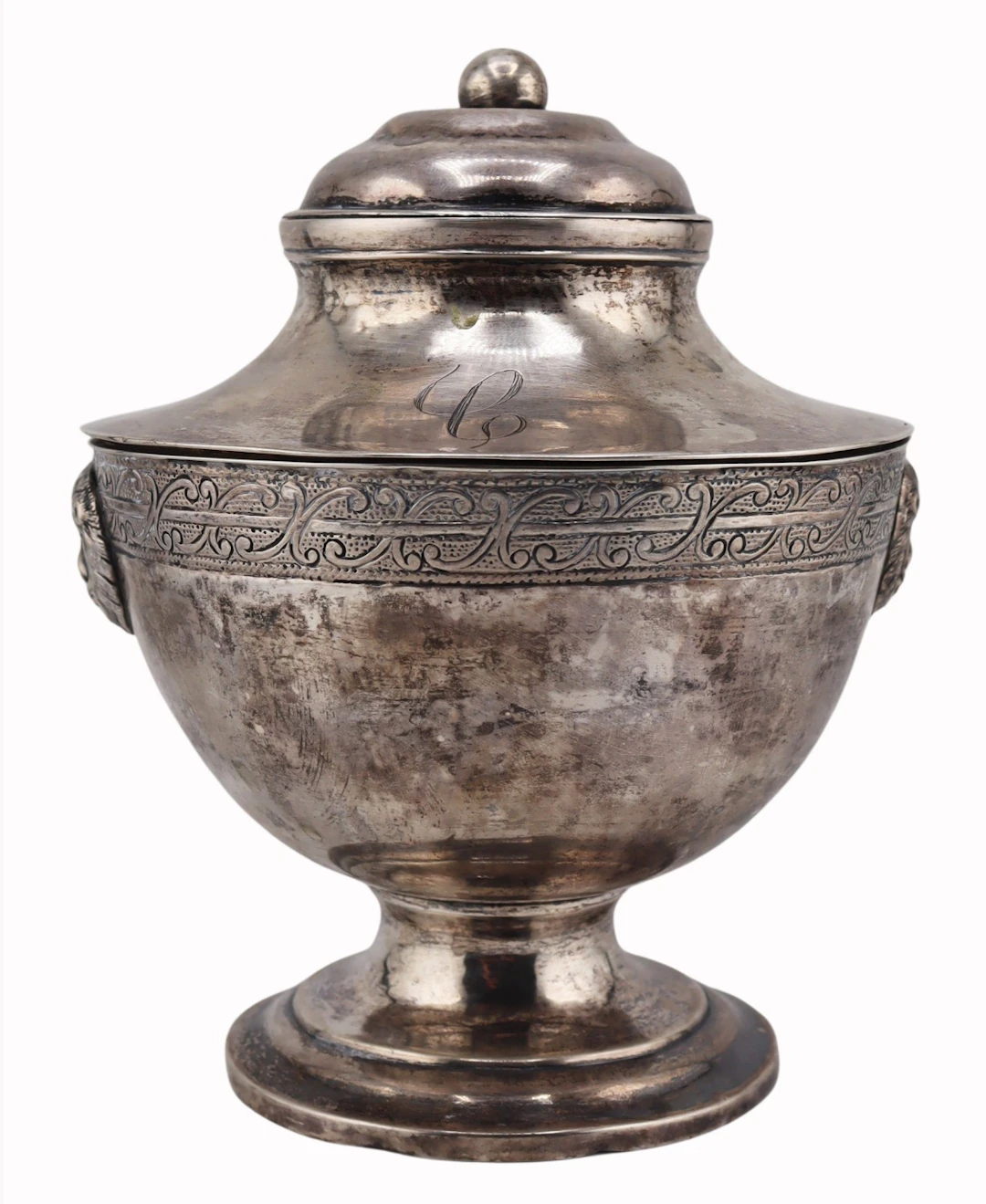 SILVER. Continental Lidded Vessel with Lions Heads