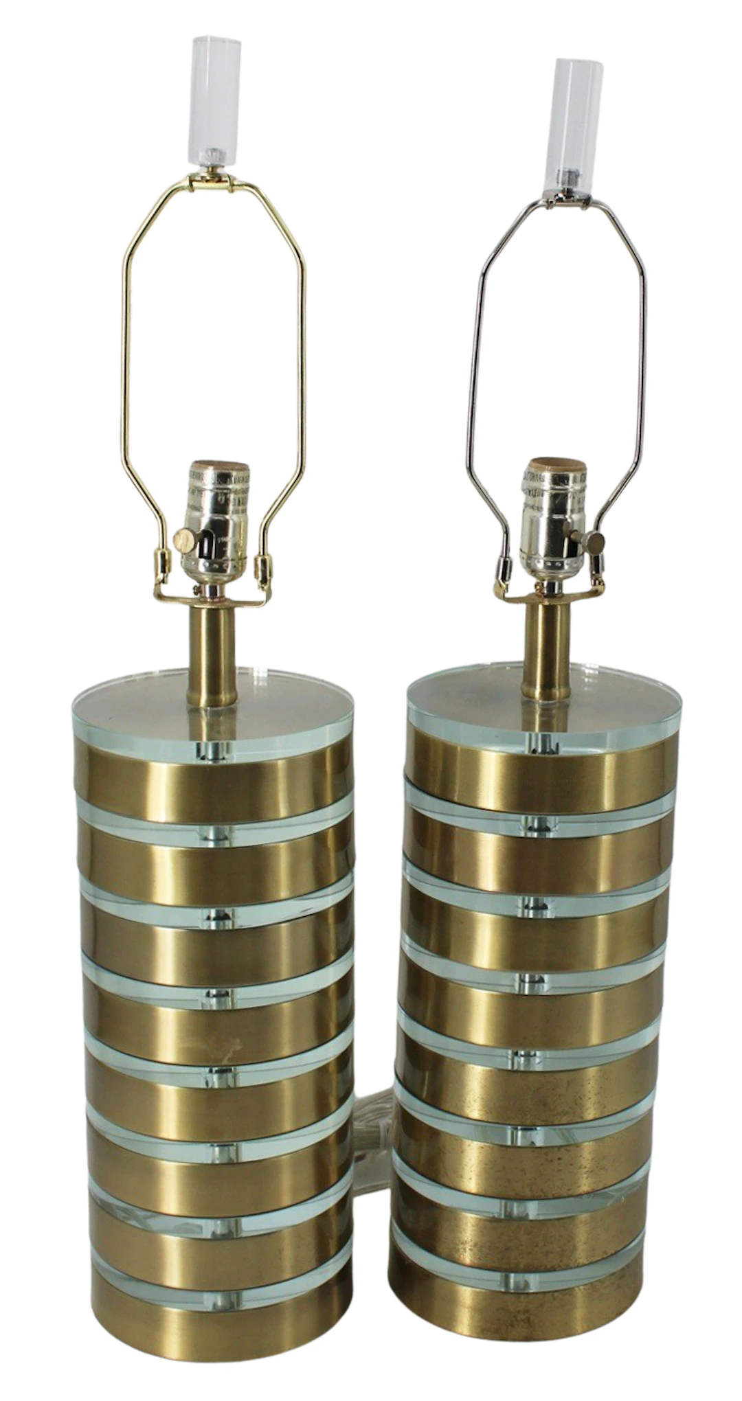 Midcentury Pr of gilt Metal Mounted Acrylic Lamps.