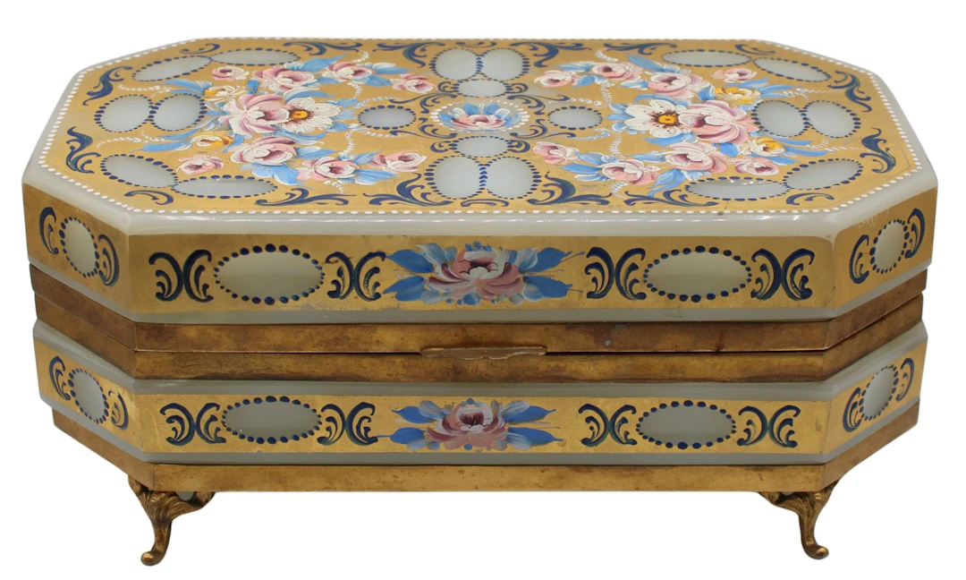 Large French Opaline Glass Footed Box with Carved