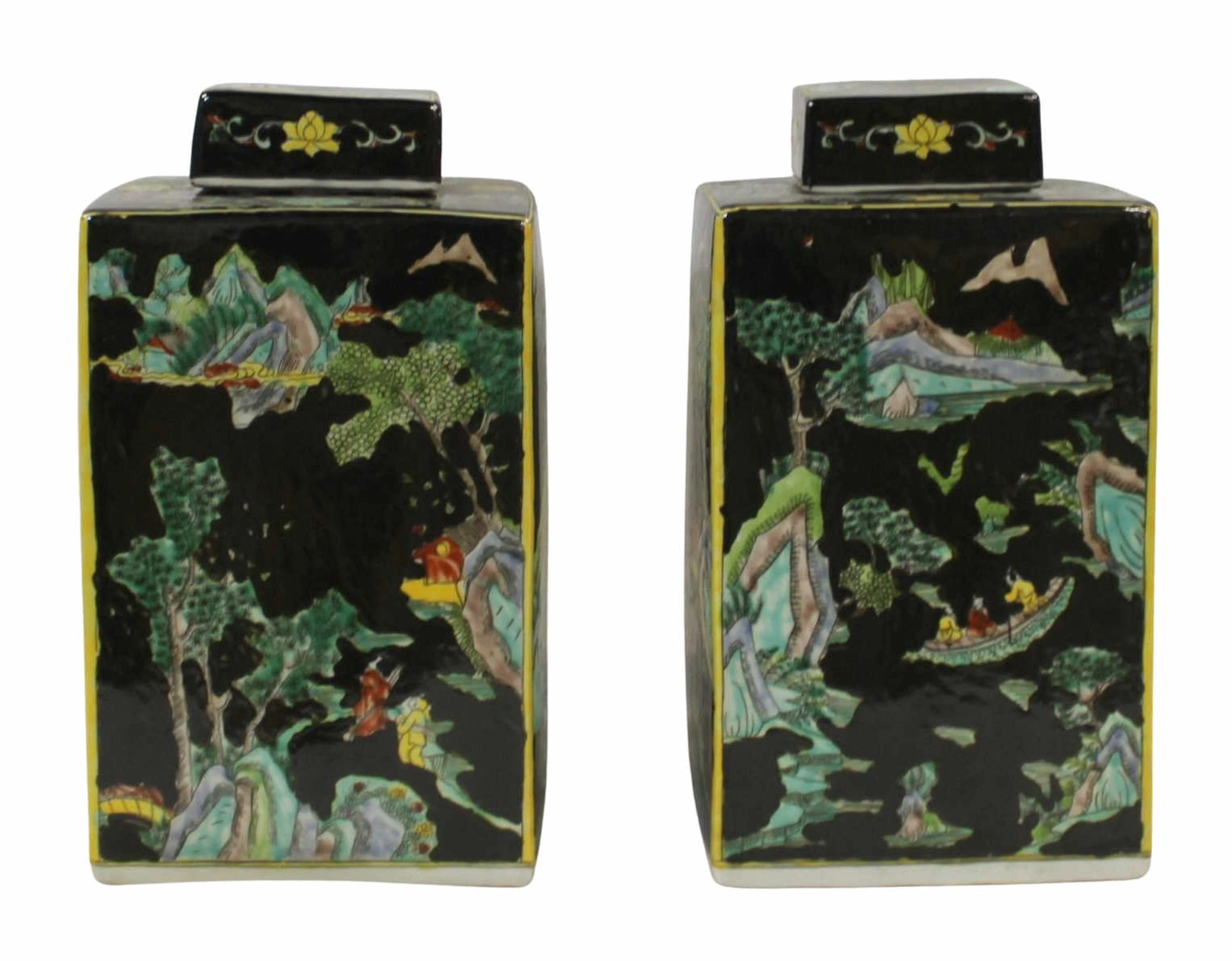 Pair of Chinese Famille Noir Lidded Jars.