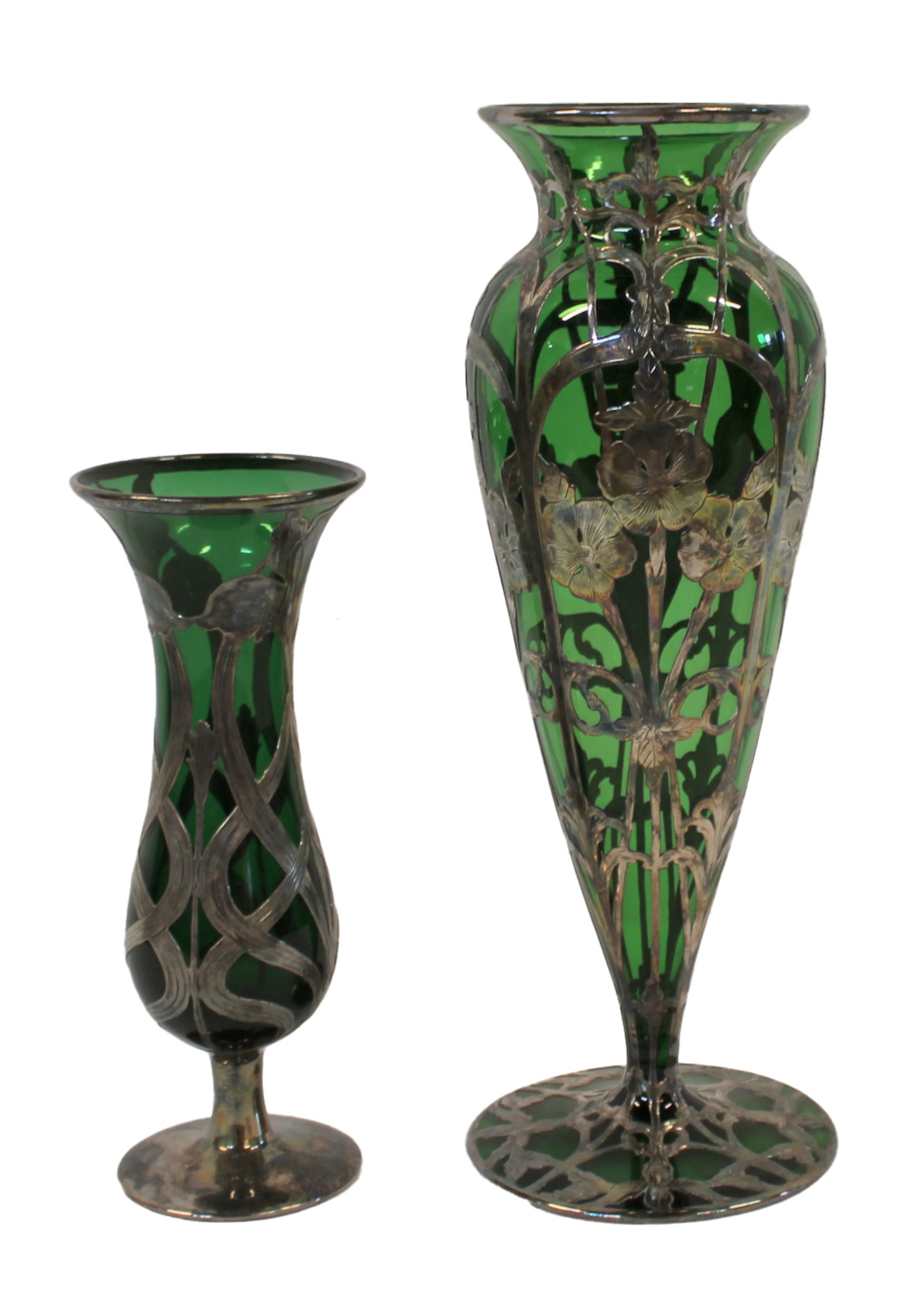 (2) Art Nouveau Silver Overlay Green Glass Vases.