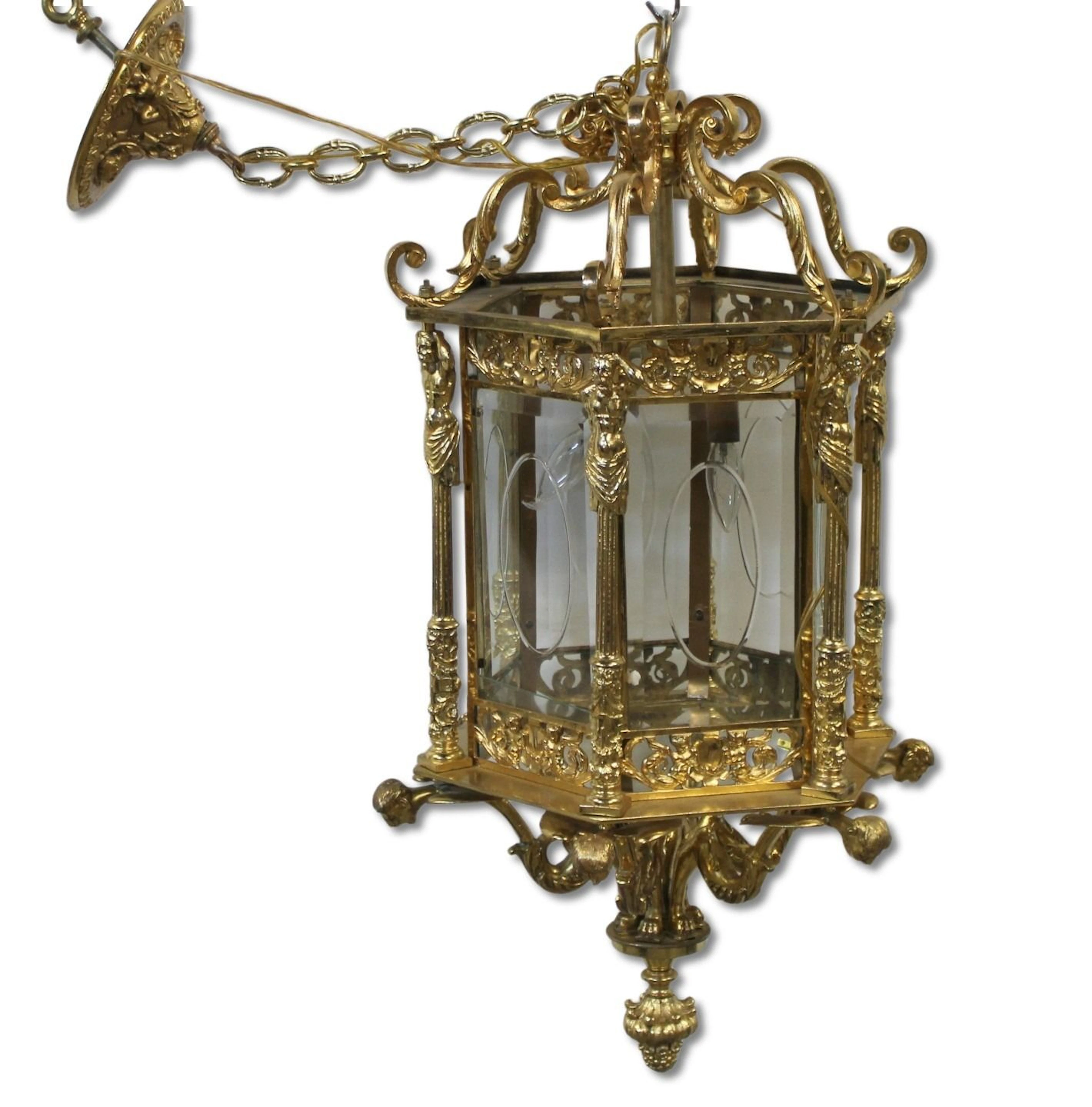 Vintage Gilt Bronze Chandelier W/Beveled & Etched