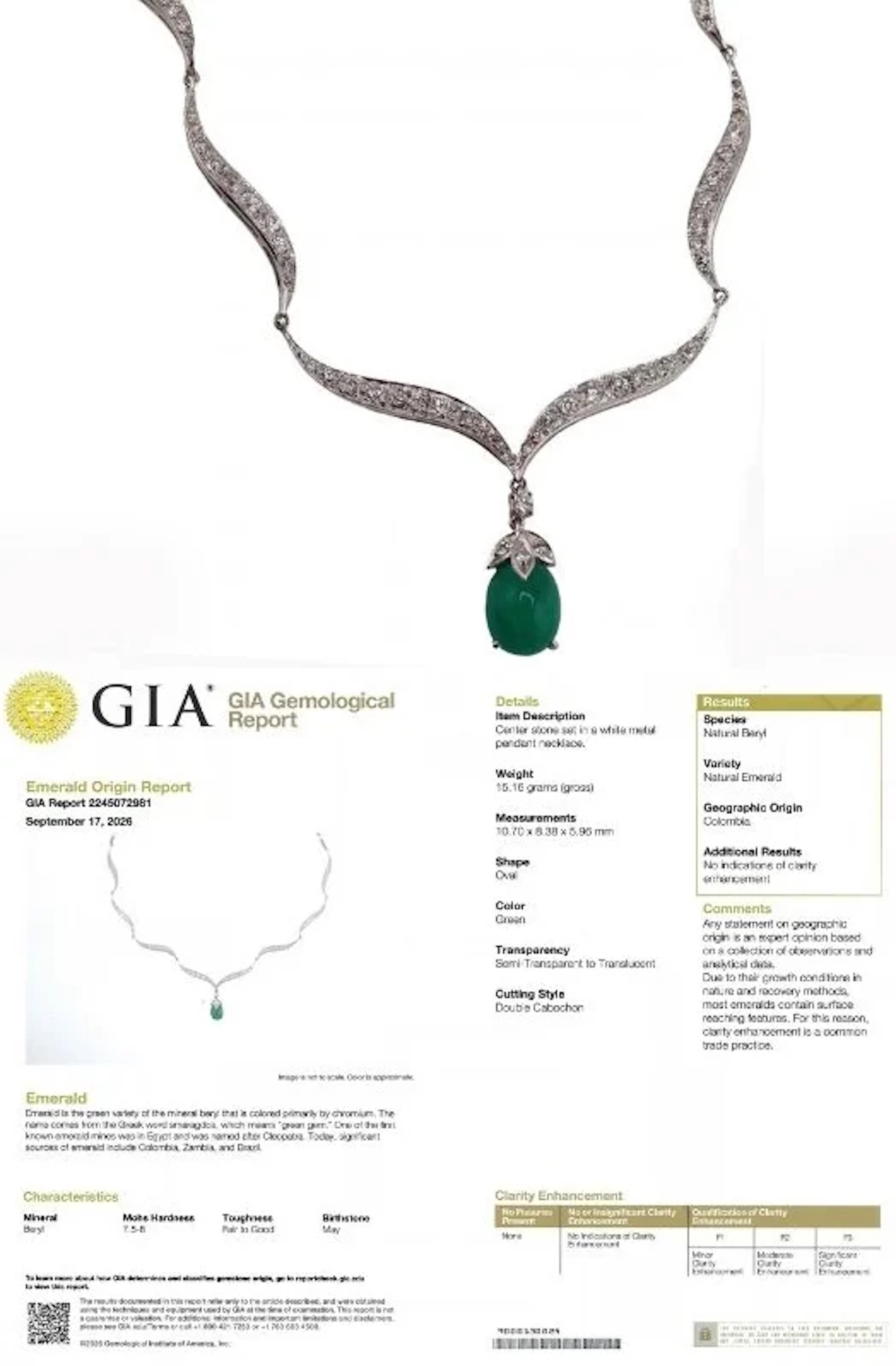 JEWELRY. GIA NATURAL Untreated Colombian Emerald