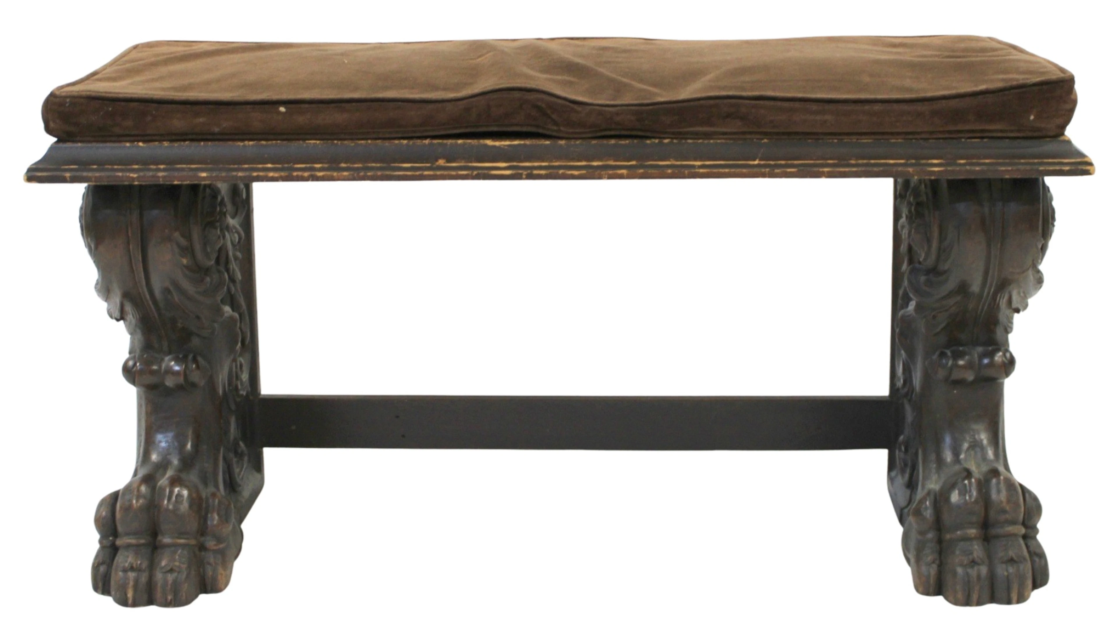 Antique Carved Wood Bench with Cushion.