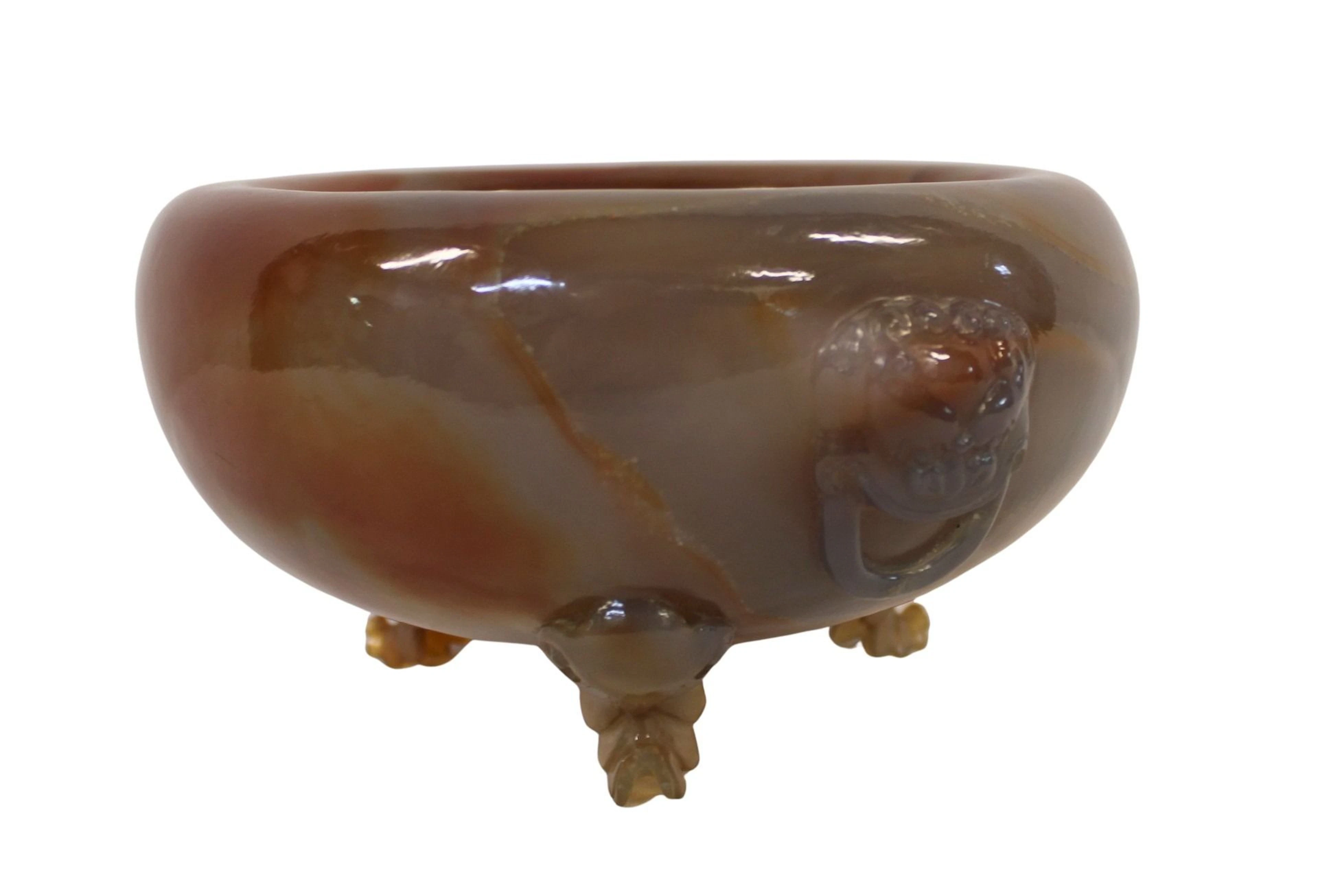 Chinese Carved Agate Footed Bowl with Foo