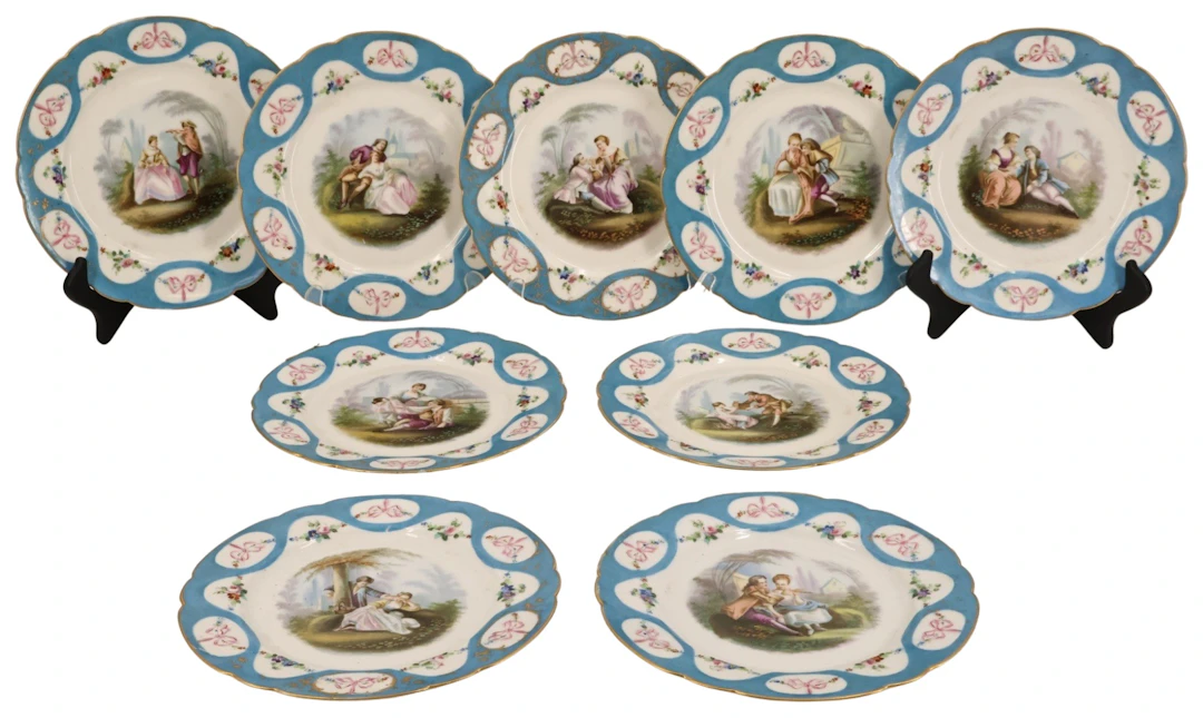 (9) SEVRES Paint Decorated Porcelain Plates.