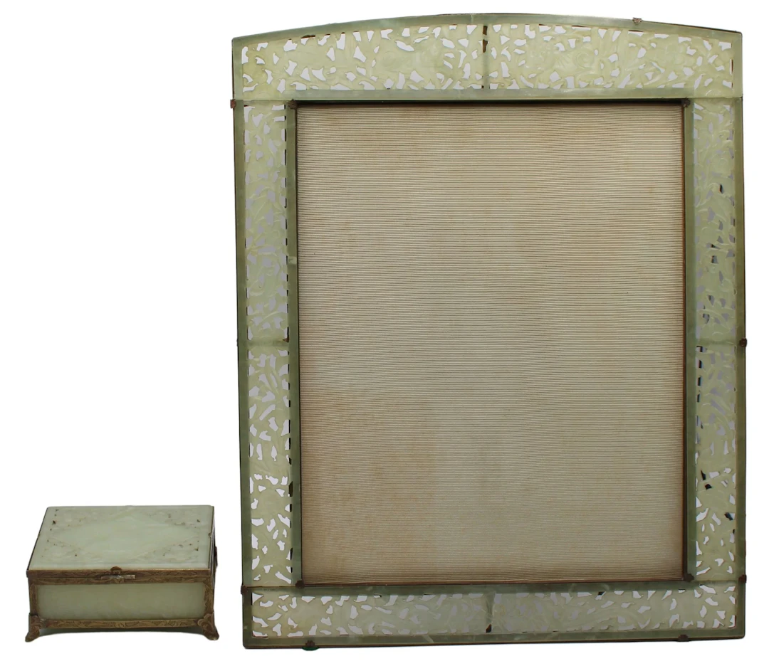 Chinese Carved Jade Frame and Hinged Box.