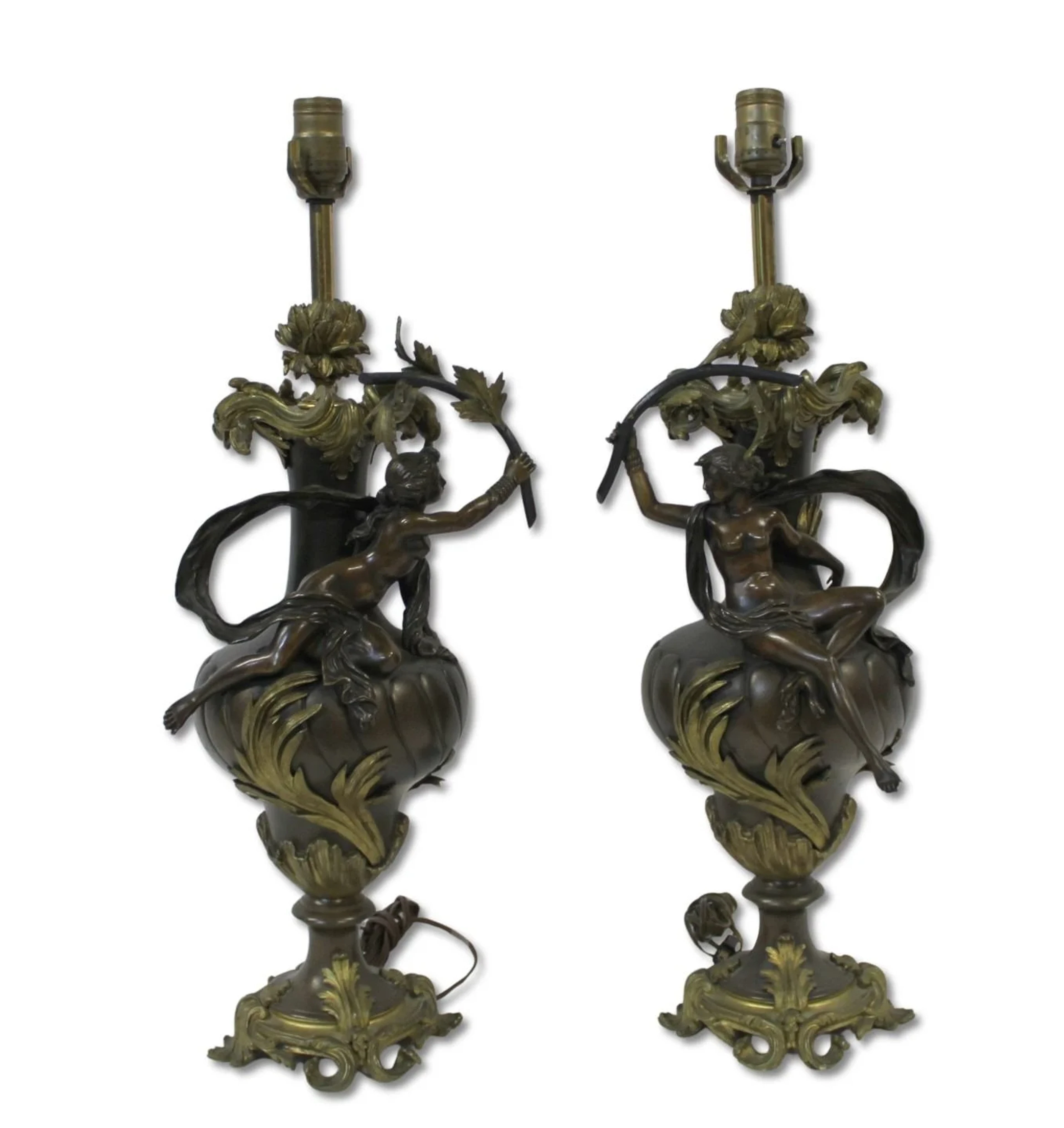 Fine Antique Pr Of Gilt & Patinated Bronze Lamps.