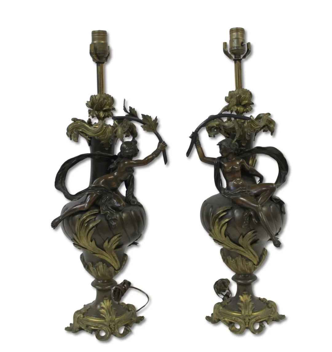 Fine Antique Pr Of Gilt & Patinated Bronze Lamps.