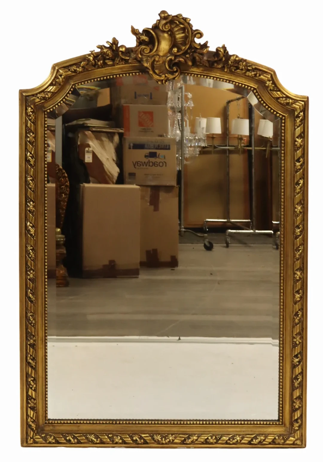 Antique Gilt Wood Mirror with Ornate Scroll Crown.