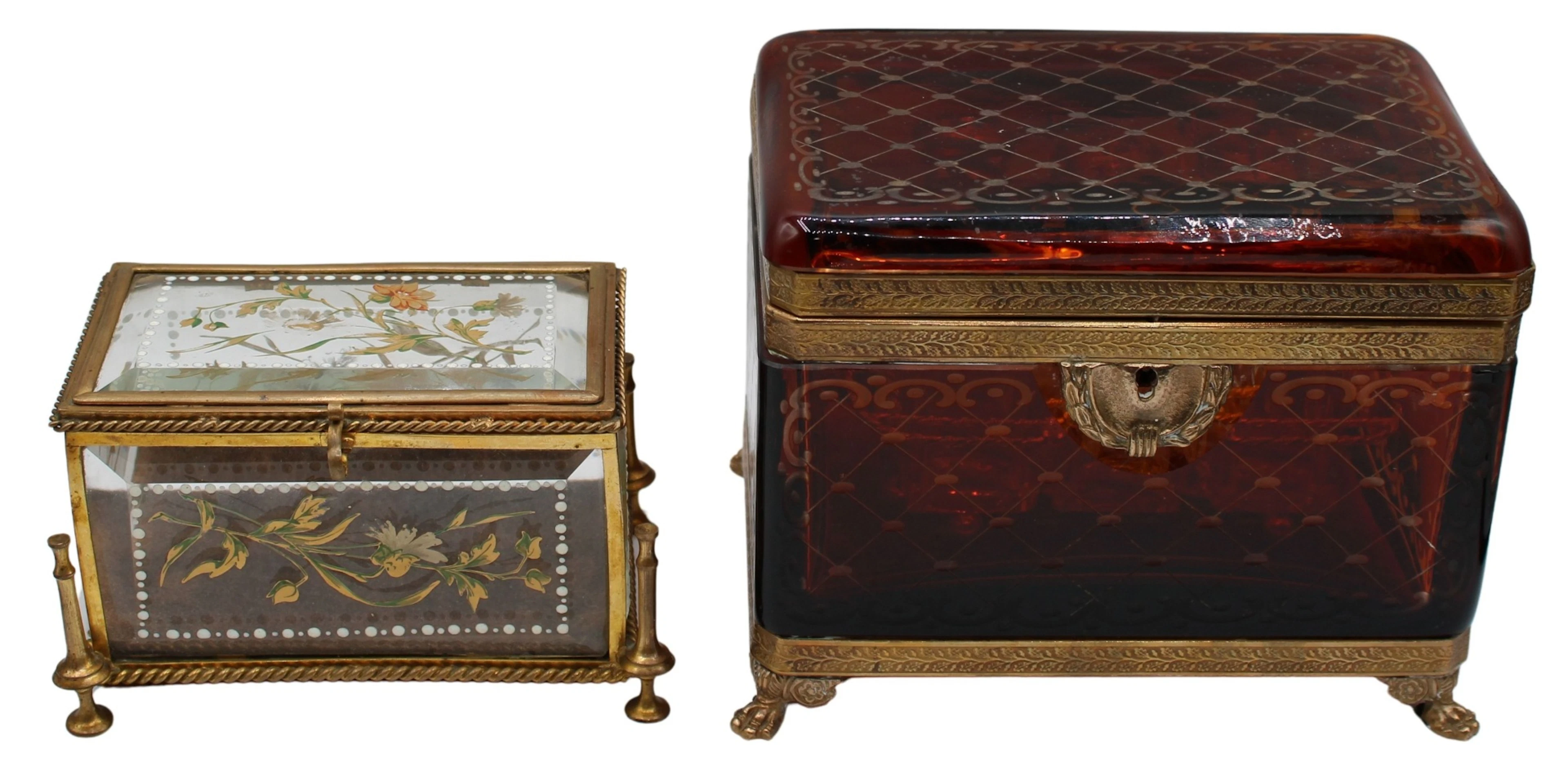 (2) 19th C Bohemian Glass Boxes with Metal Mounts.
