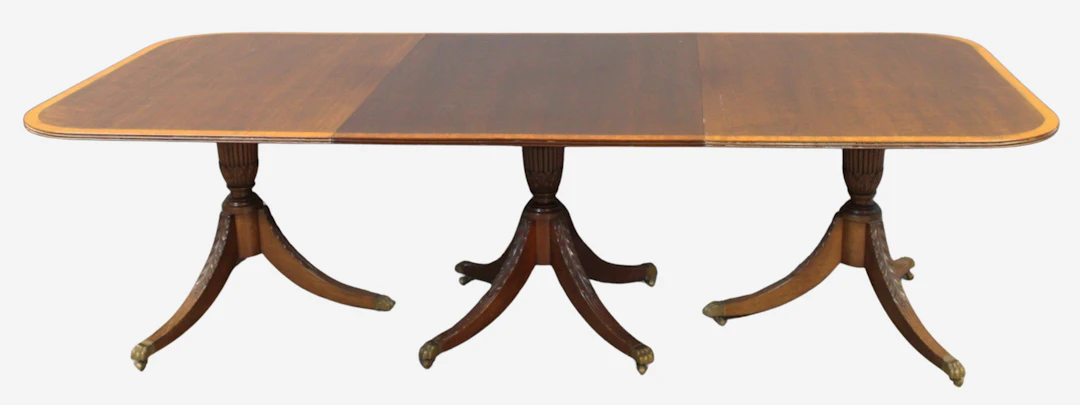 Vintage Banded Mahogany Triple Pedestal Table & 2