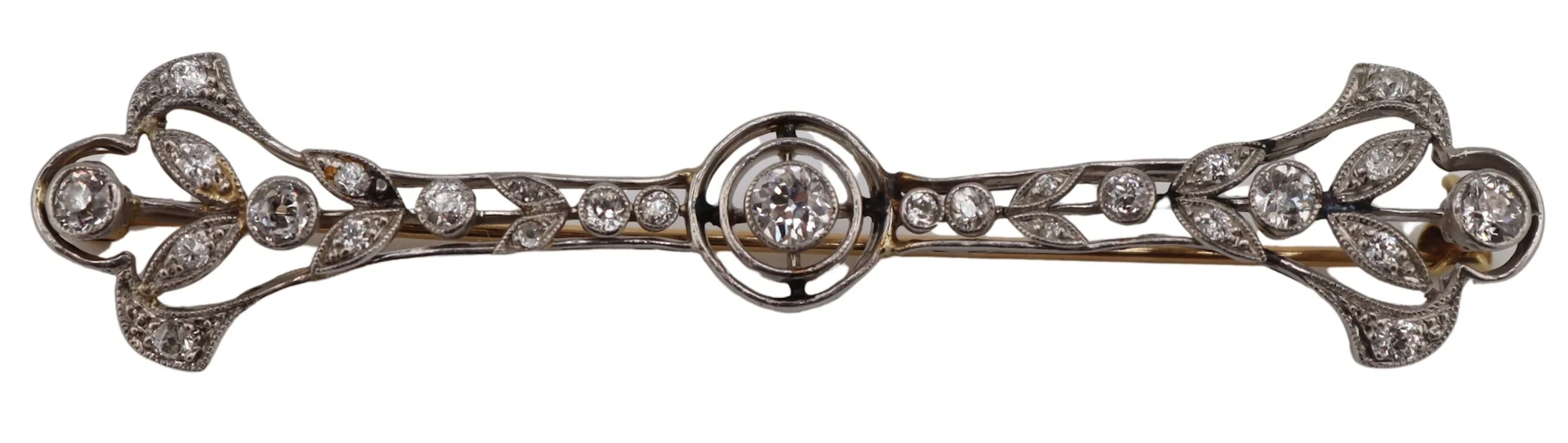 JEWELRY. Antique Platinum and Diamond Bar Pin.