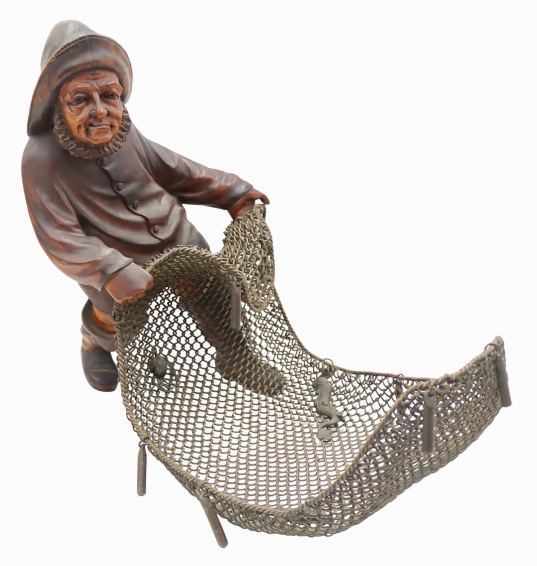 Carved Wood Fisherman with Woven Metal Net.