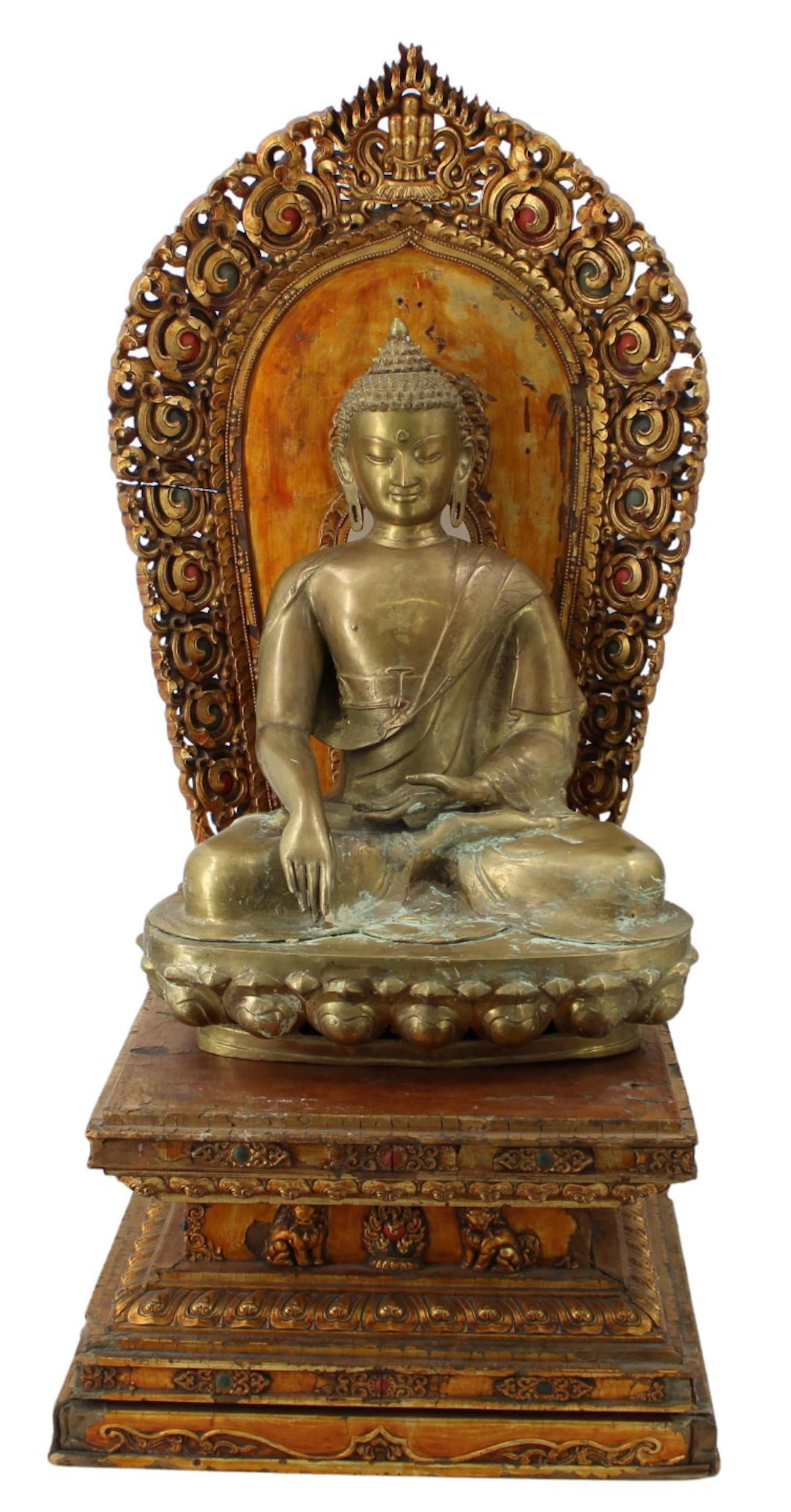 Large Asian Gilt Wood Shrine with Seated Buddha.