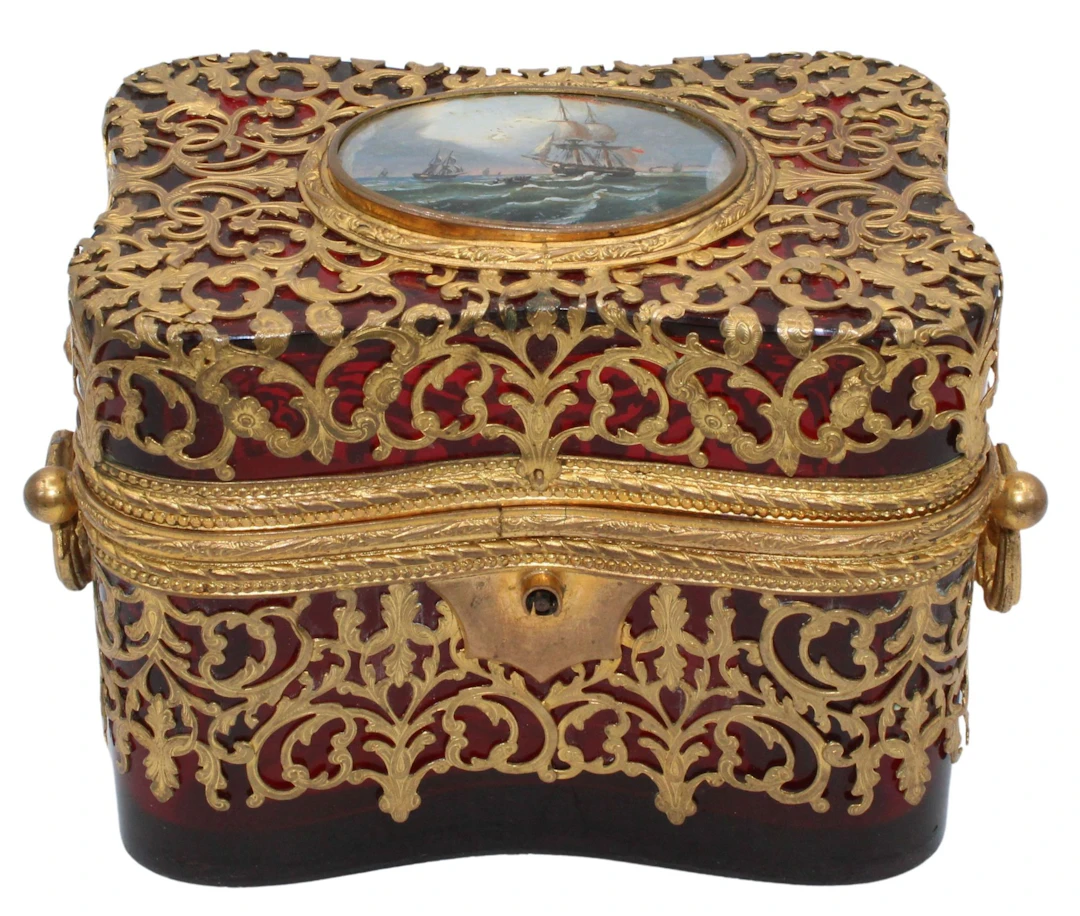 Antique Gilt Bronze Mounted Cranberry Glass Box.