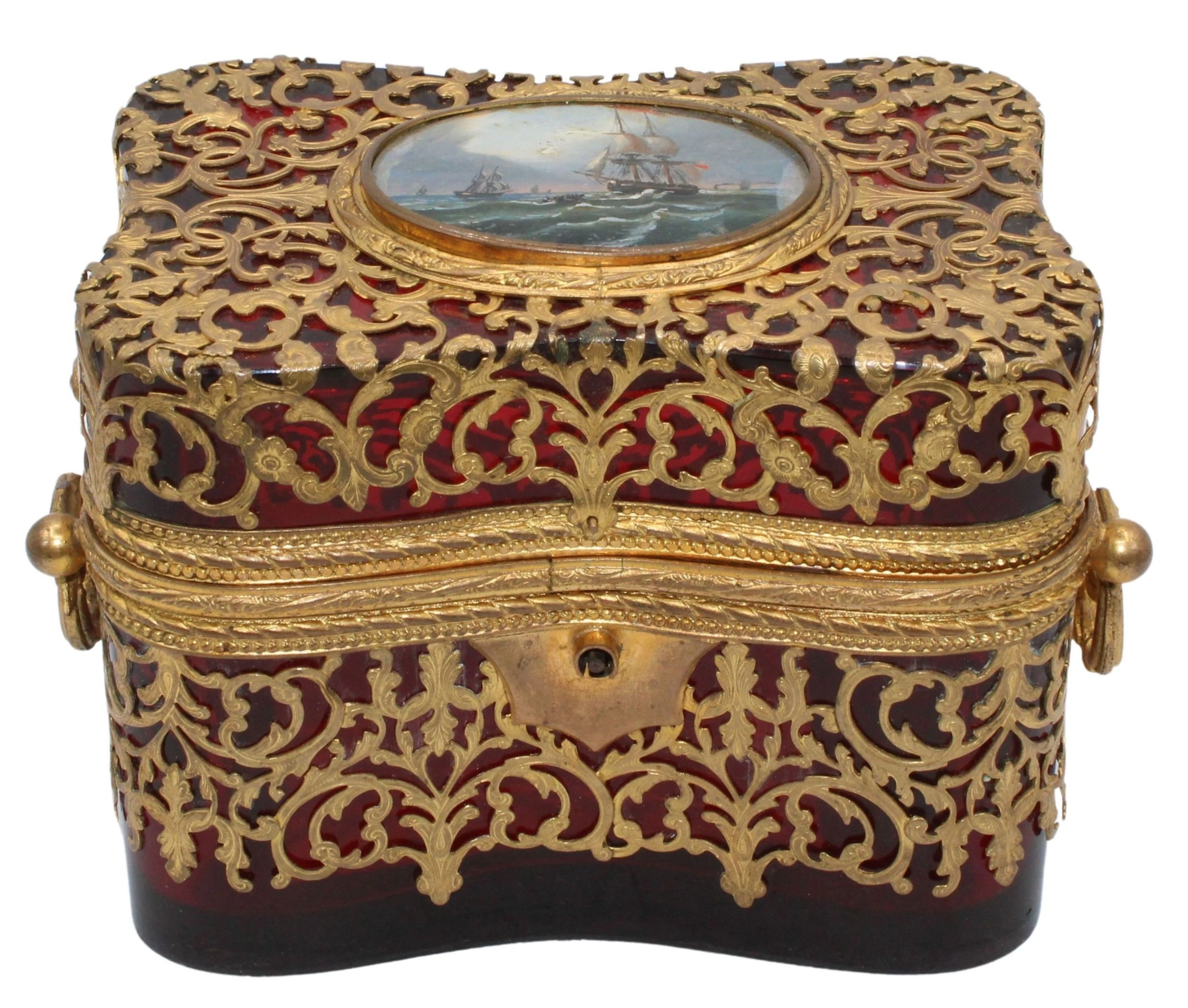 Antique Gilt Bronze Mounted Cranberry Glass Box.