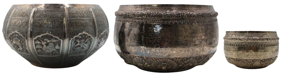 SILVER. Group of 3 Burmese Silver Bowls.