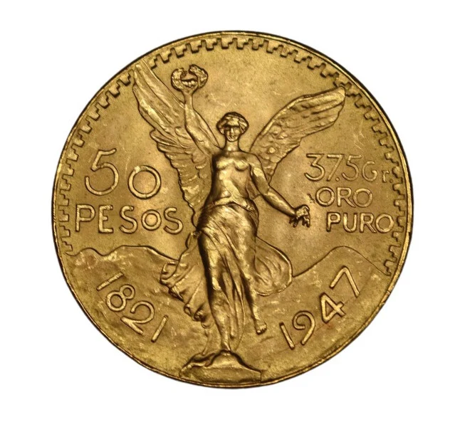 BULLION. 1947 50 Pesos Mexican Gold Coin.