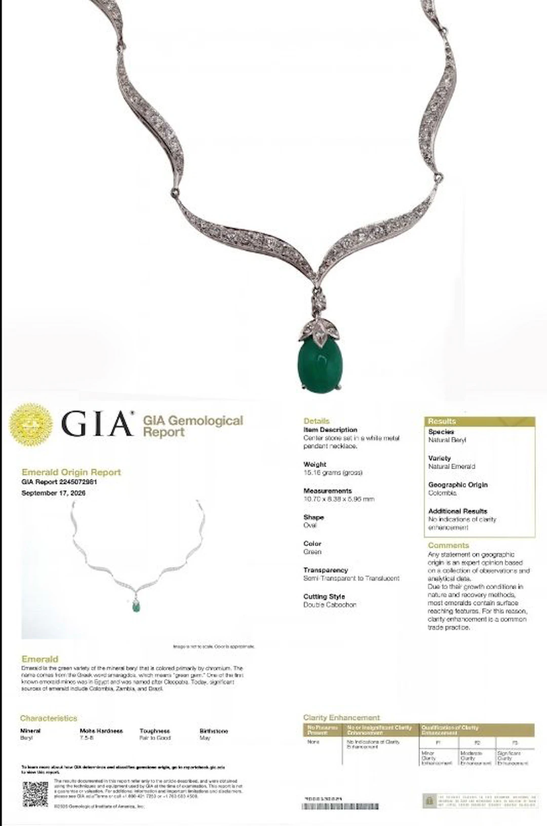 JEWELRY. GIA NATURAL Untreated Colombian Emerald