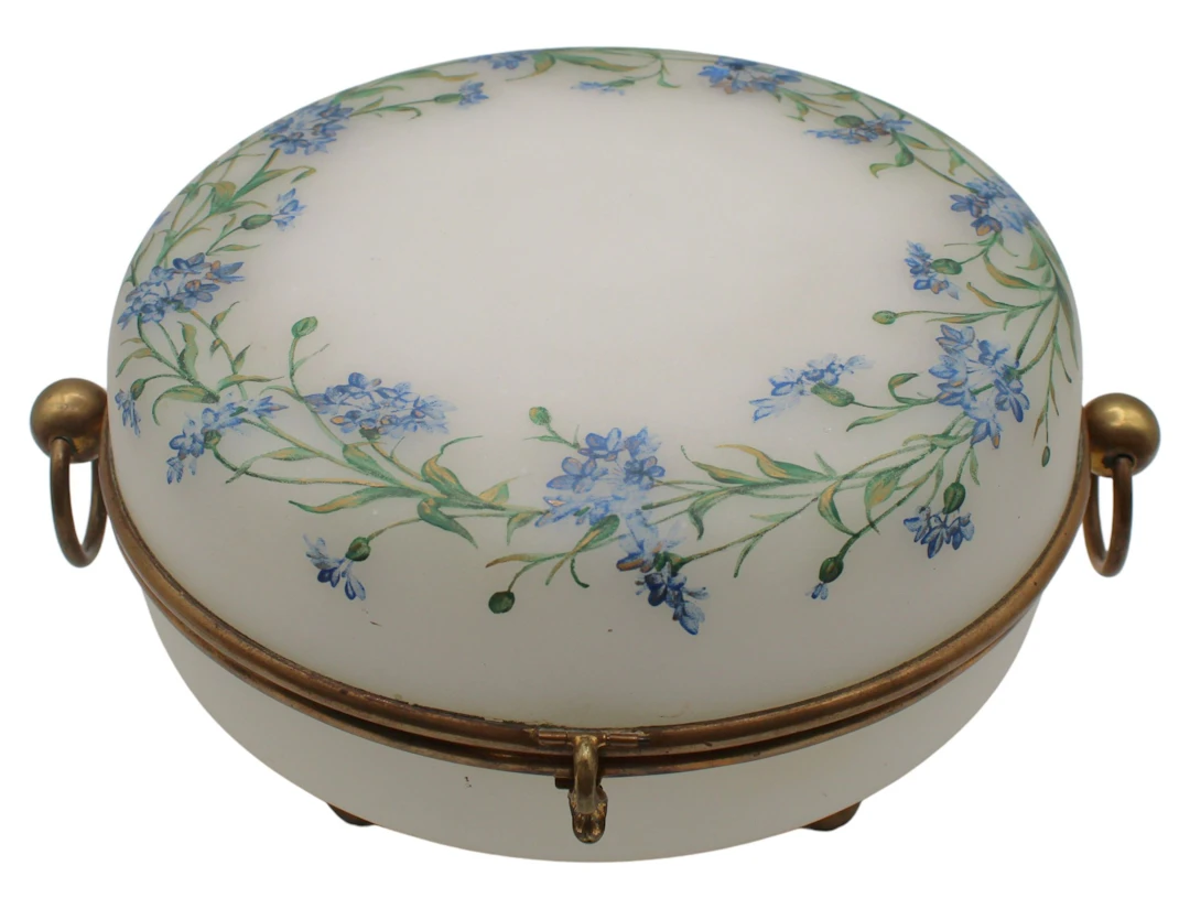 Large Round Opaline Glass Box with Painted Flowers