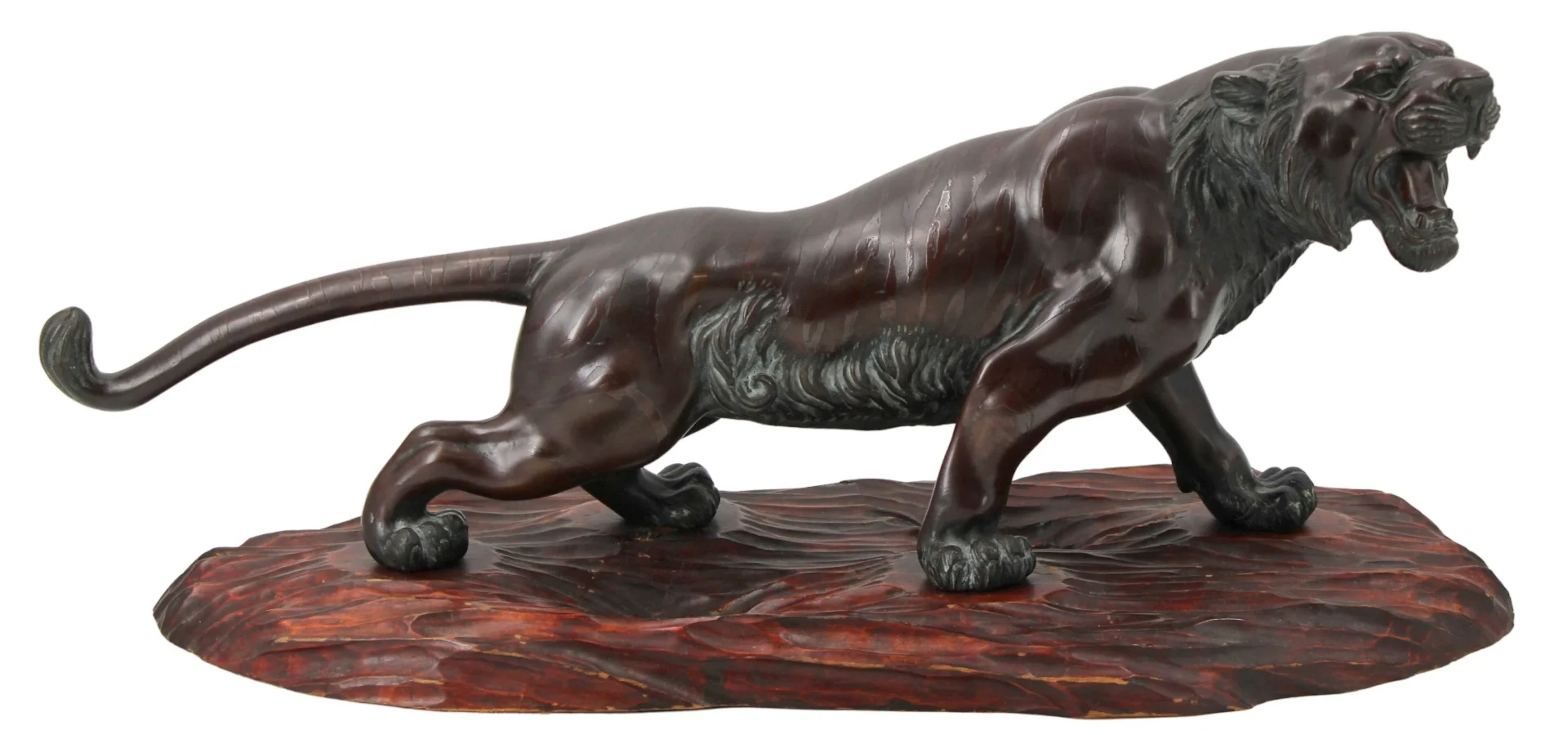 Japanese Meiji Crouching Tiger Bronze on Wood Base