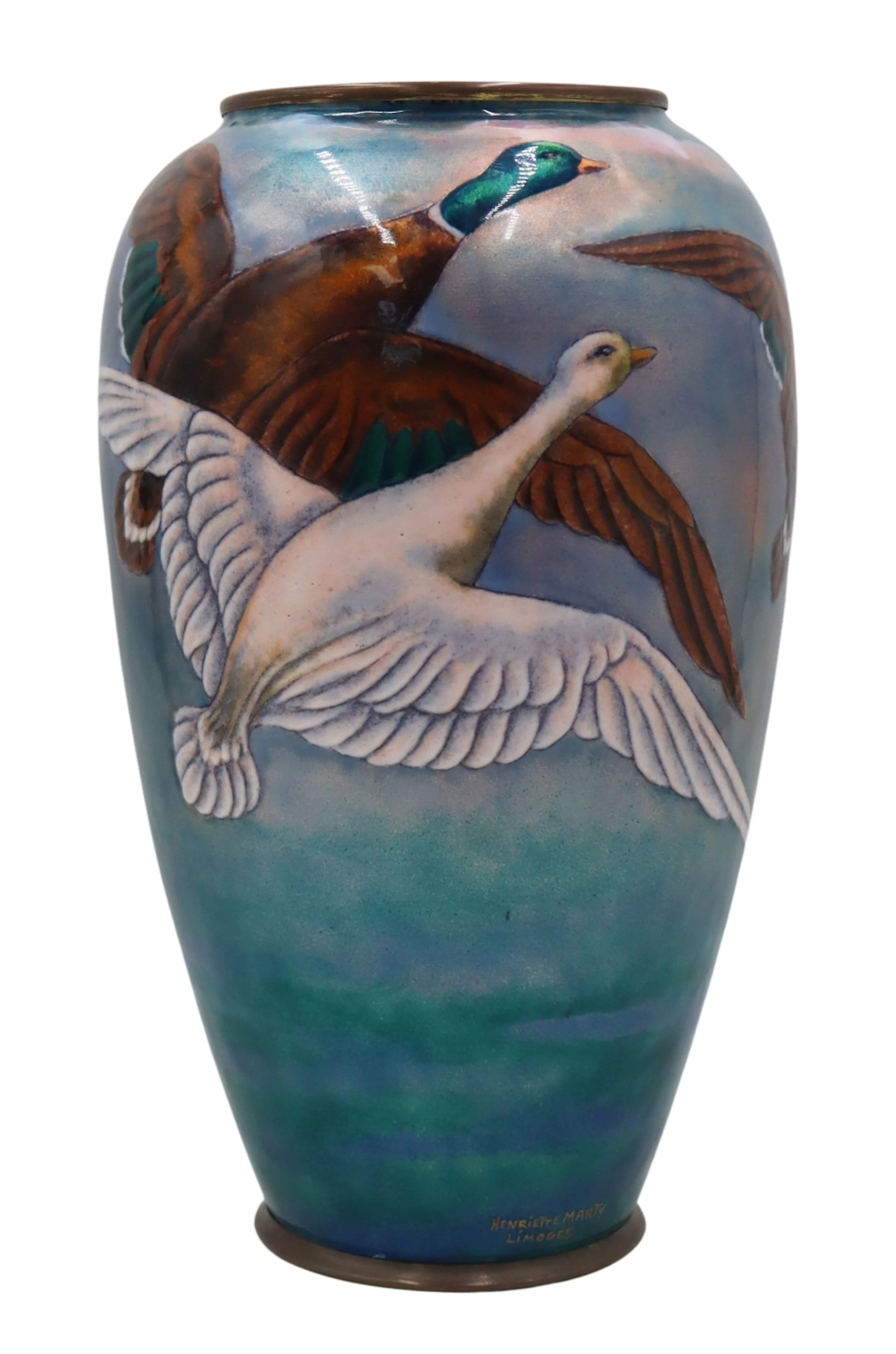 Signed Henriette Marty Limoges Enamel Vase with