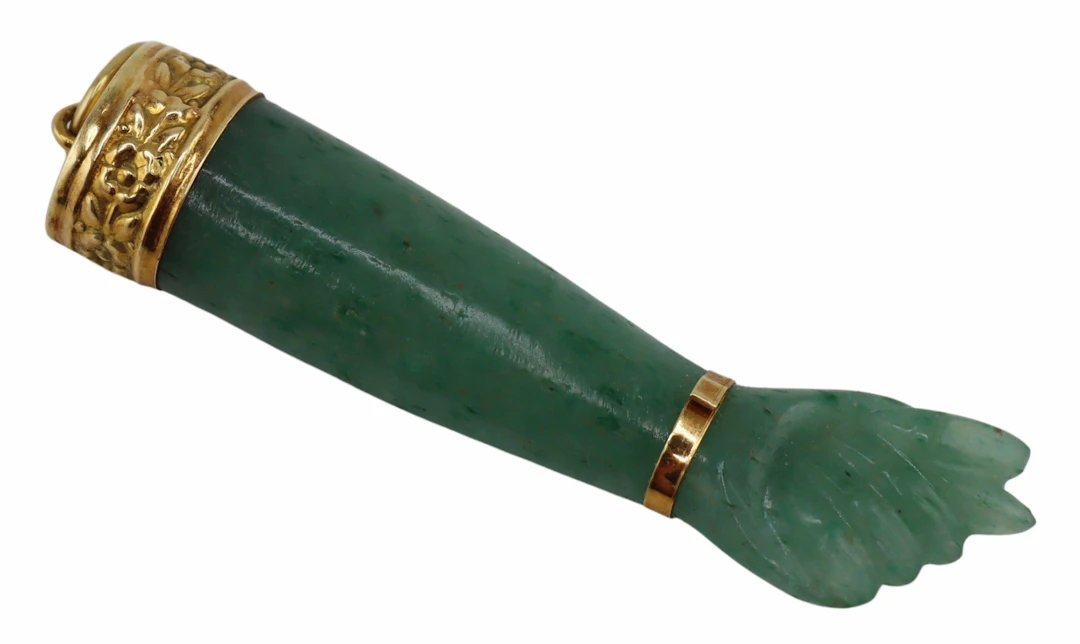 JEWELRY. Signed 17.5kt Gold and Jade Figa Pendant.