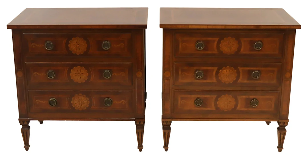 Pair of Inlaid Three Drawer Nightstands.
