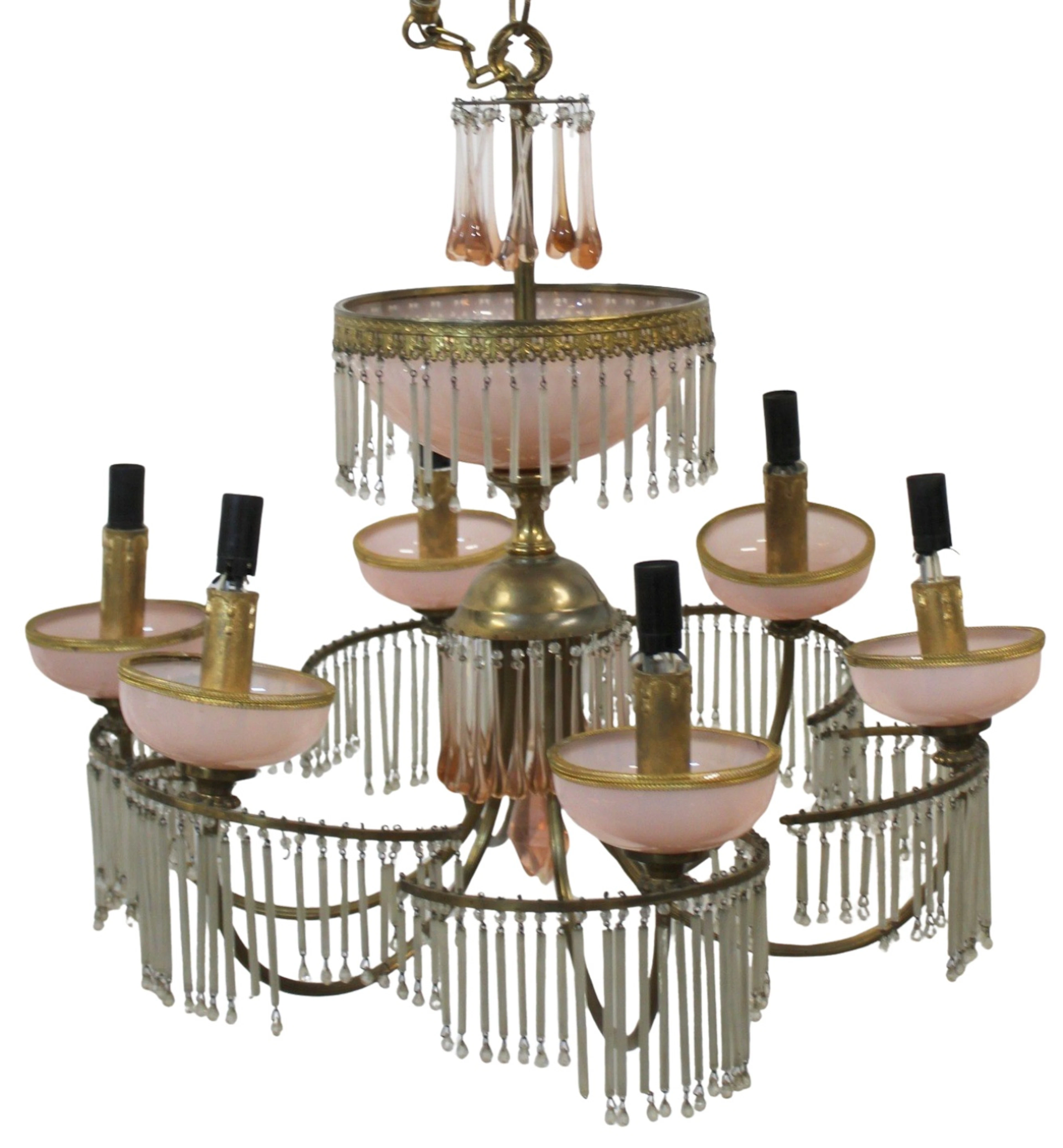 Antique Bronze & Opaline Glass Chandelier.