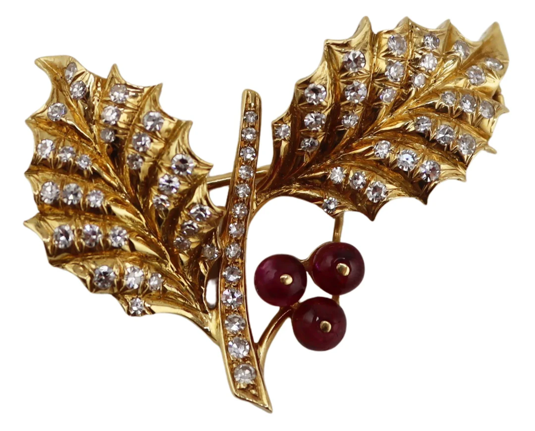 JEWELRY. Cartier 18kt Ruby & Diamond Mistletoe