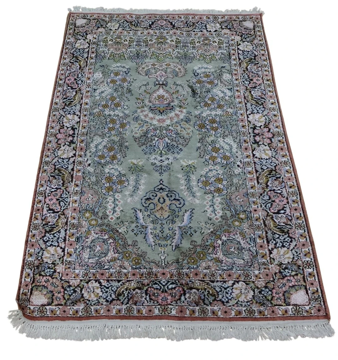 Vintage & Finely Hand Knotted Silk Carpet.