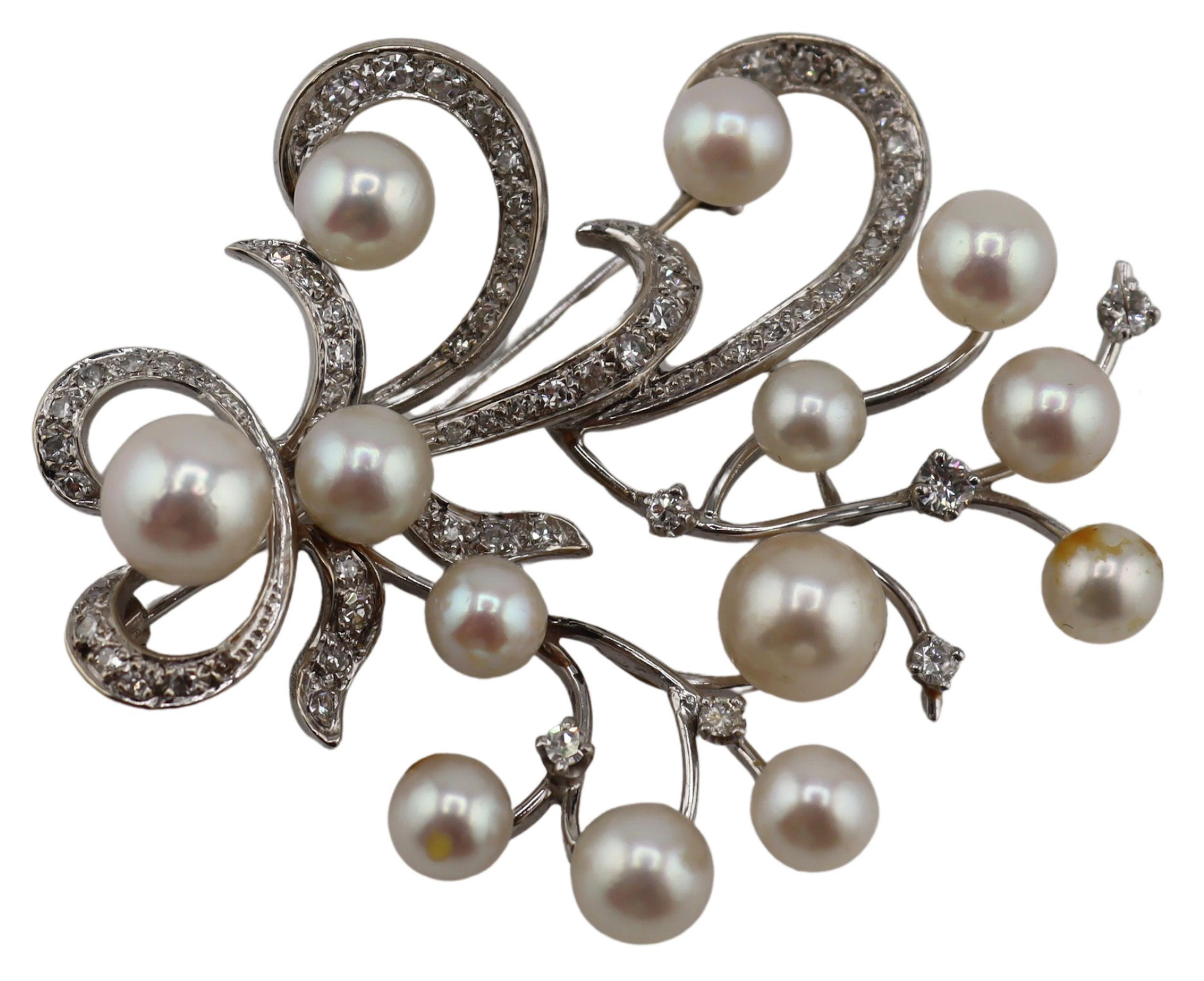 JEWELRY. 13.5kt Gold Pearl and Diamond Brooch.