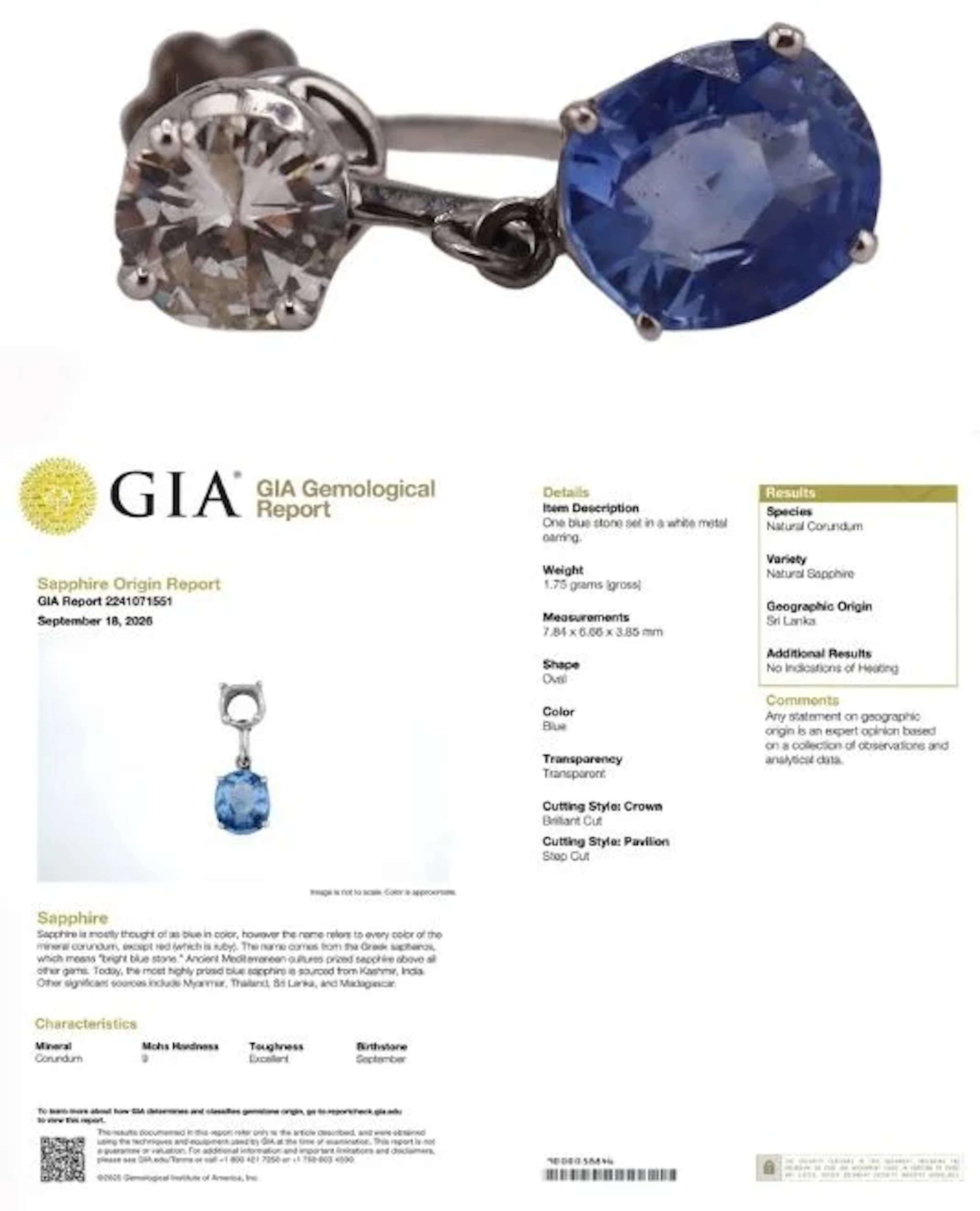 JEWELRY. Natural CEYLON Sapphire and 0.56ct