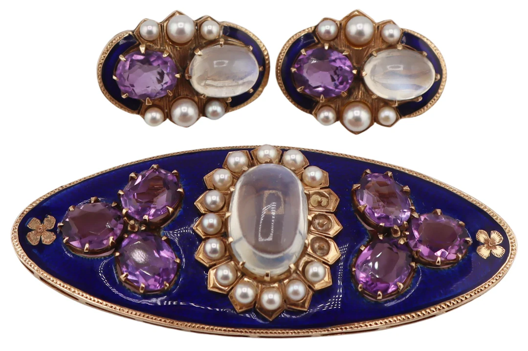 JEWELRY. 3 Pc. Moonstone, Amethyst, Pearl and