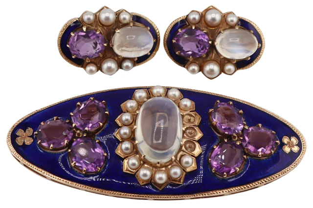 JEWELRY. 3 Pc. Moonstone, Amethyst, Pearl and