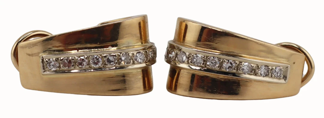 JEWELRY. Pair of 14kt Gold and Diamond Hoop