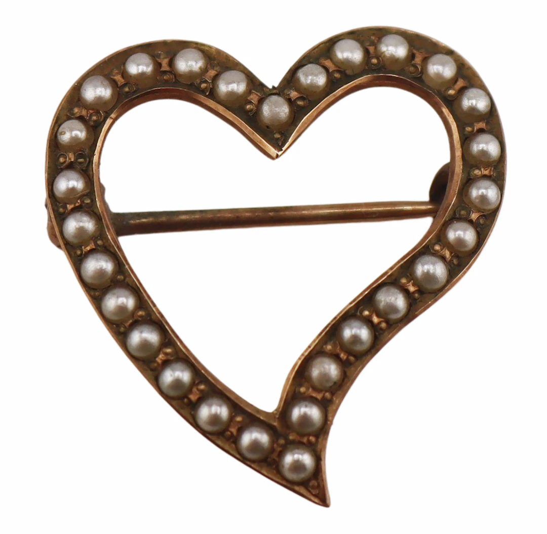 JEWELRY. 19th C "Witch's Heart" Seed Pearl Brooch.