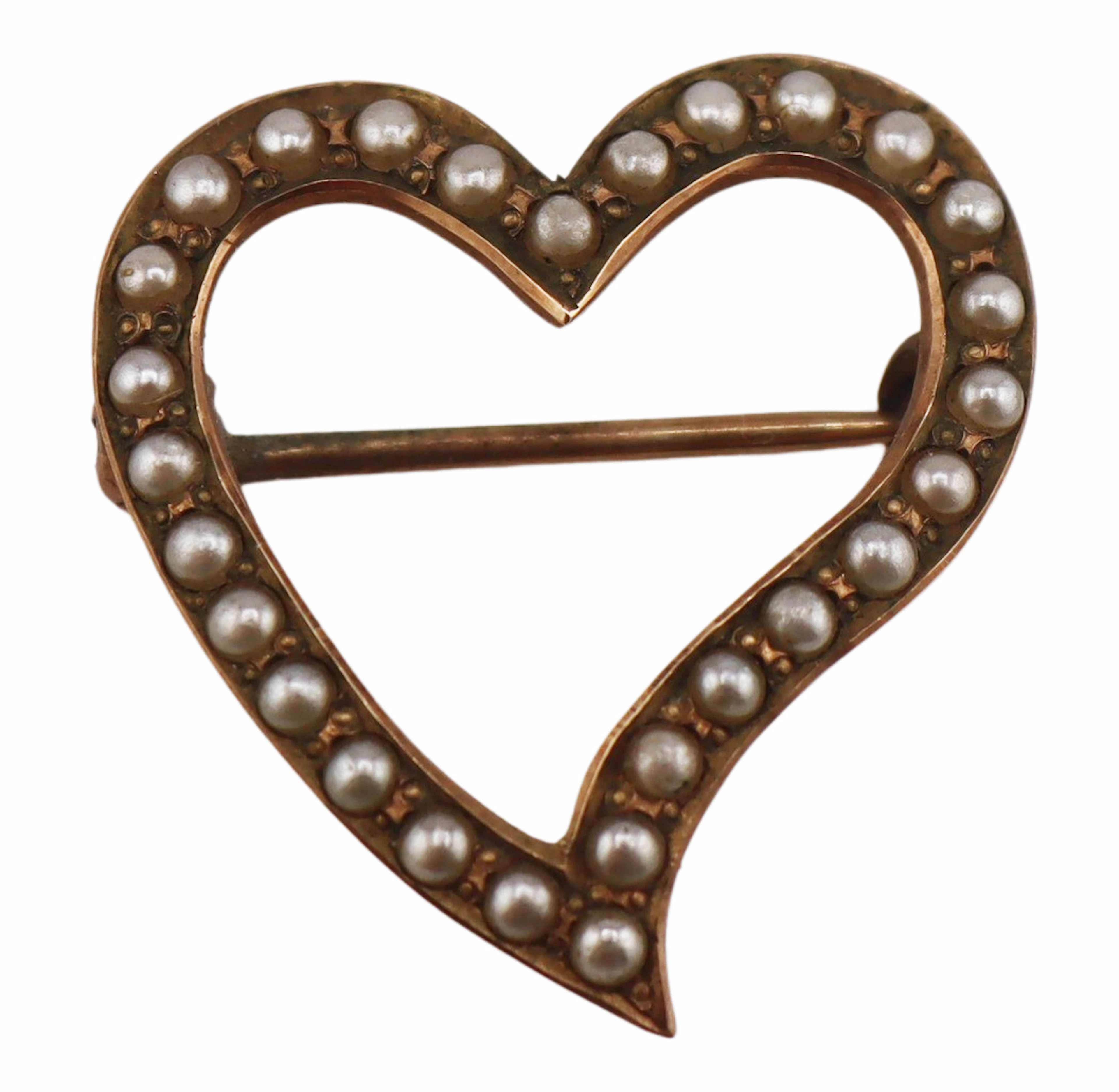 JEWELRY. 19th C "Witch's Heart" Seed Pearl Brooch.