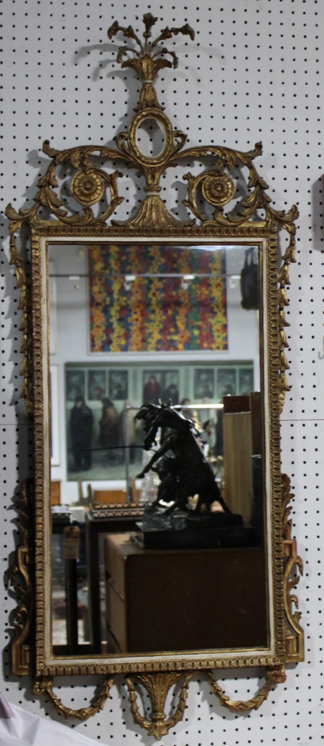 Antique Giltwood Mirror with Ornate Crown.