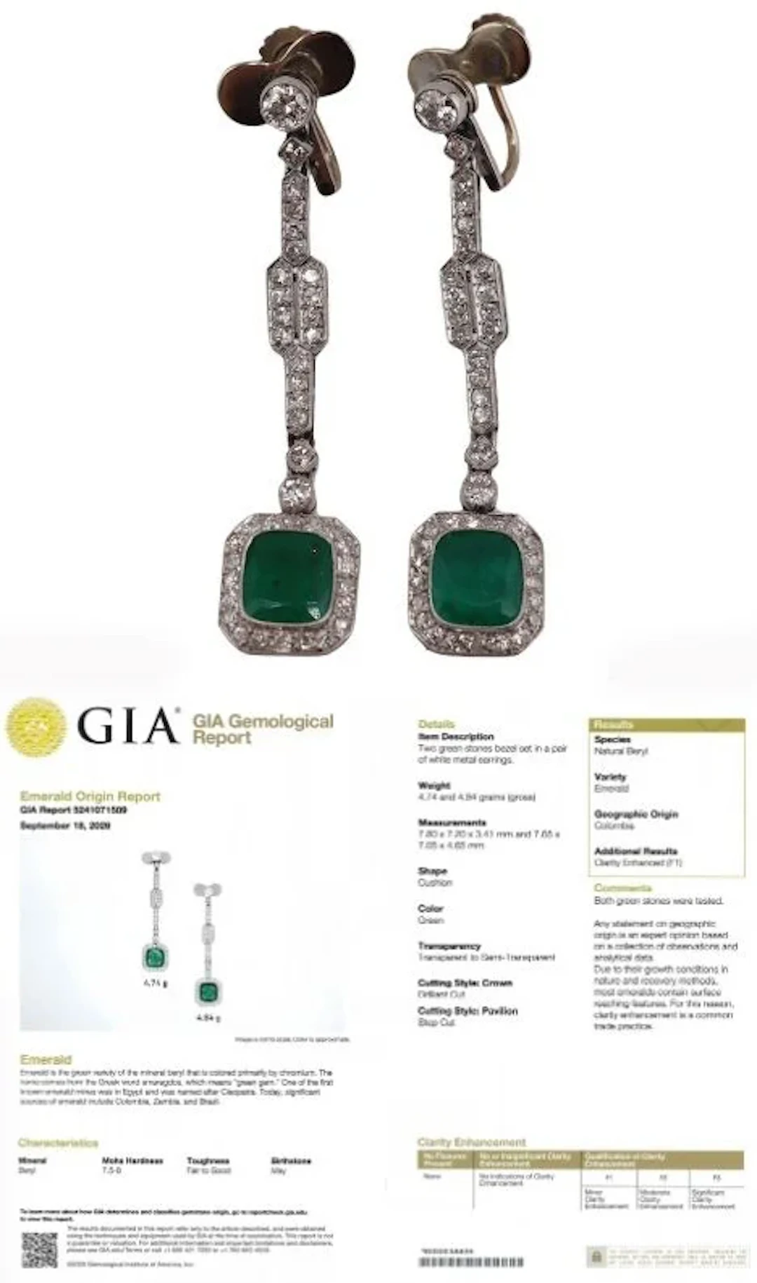 JEWELRY. Art Deco GIA F1 Colombian Emerald and