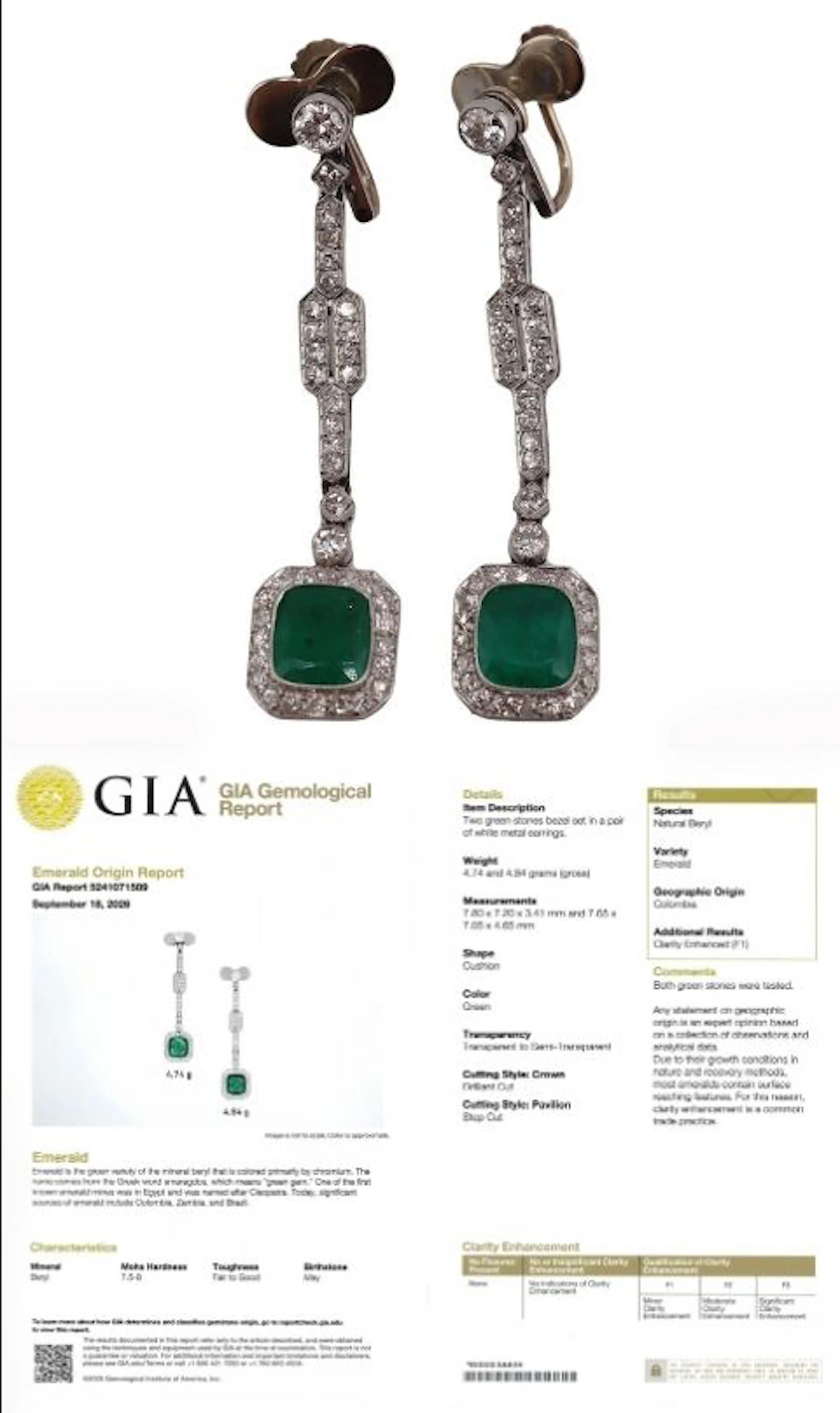 JEWELRY. Art Deco GIA F1 Colombian Emerald and