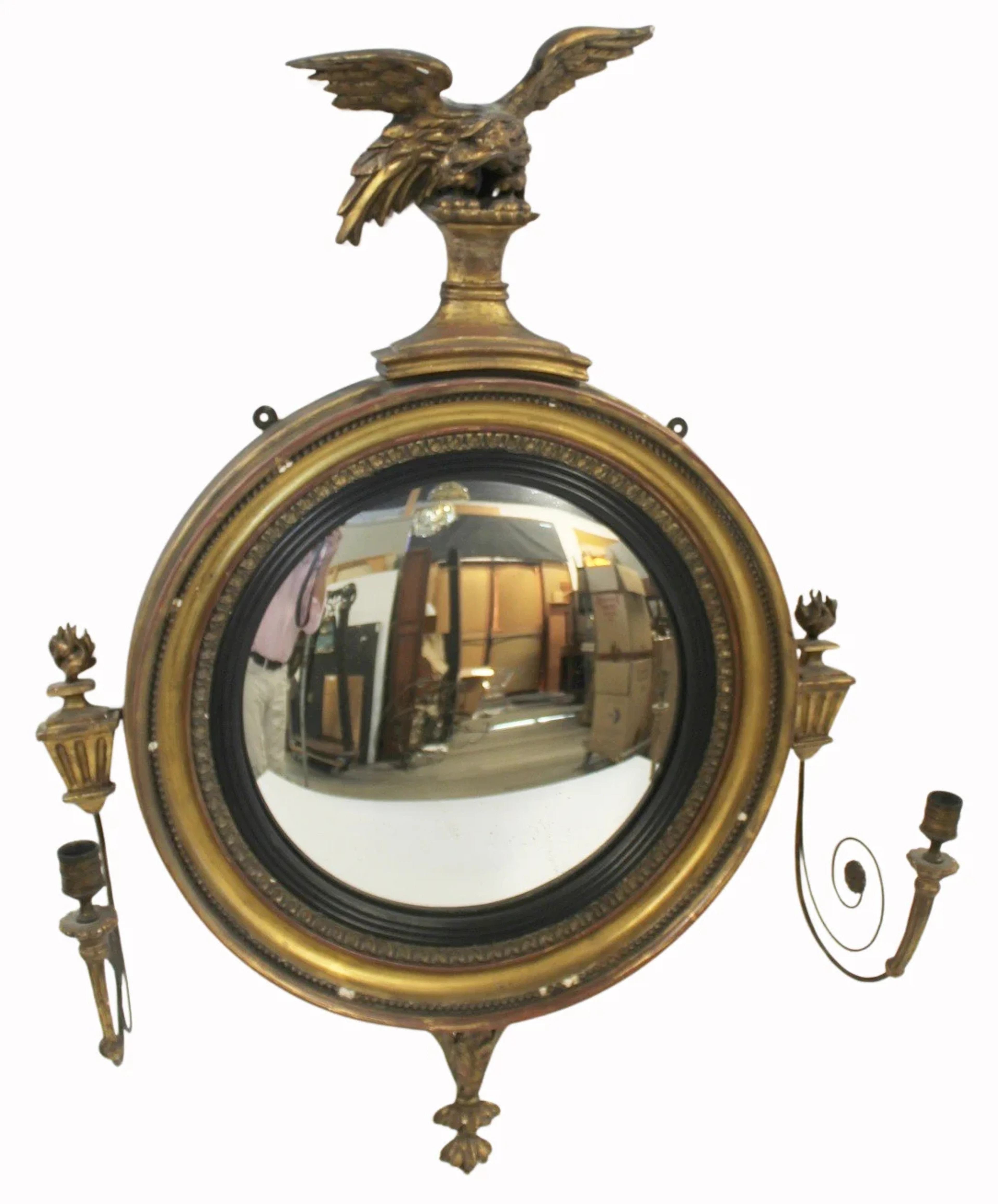 Antique Carved & Giltwood Bullseye Mirror & Sconce