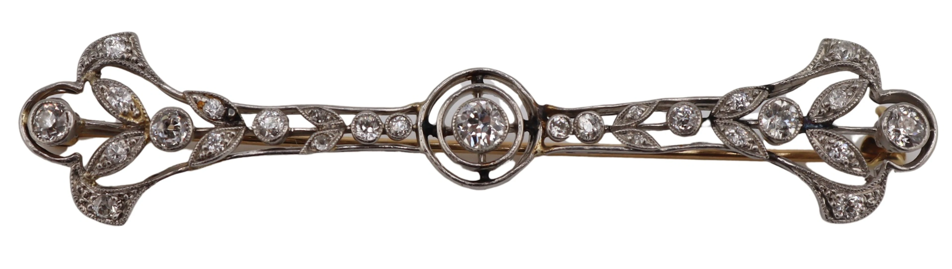 JEWELRY. Antique Platinum and Diamond Bar Pin.