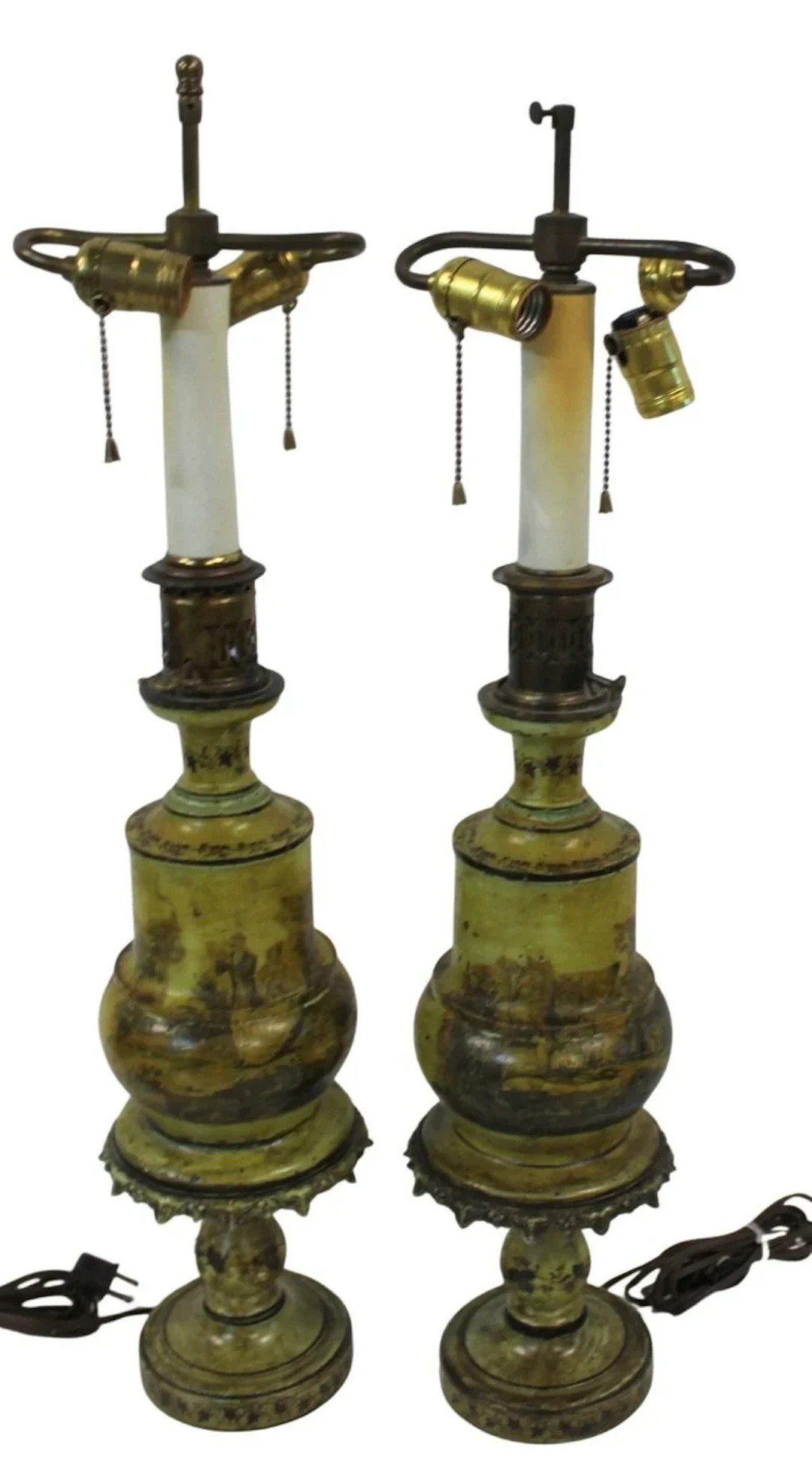 An Antique Pr Of Tole Metal Oil Lamps Electrified