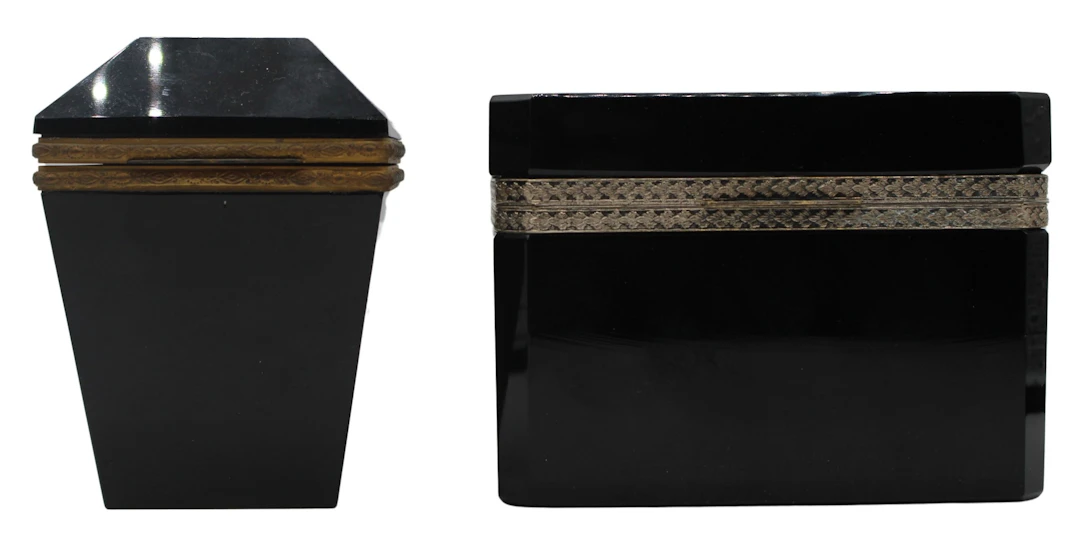 (2) French Black Opaline Glass Boxes with Metal