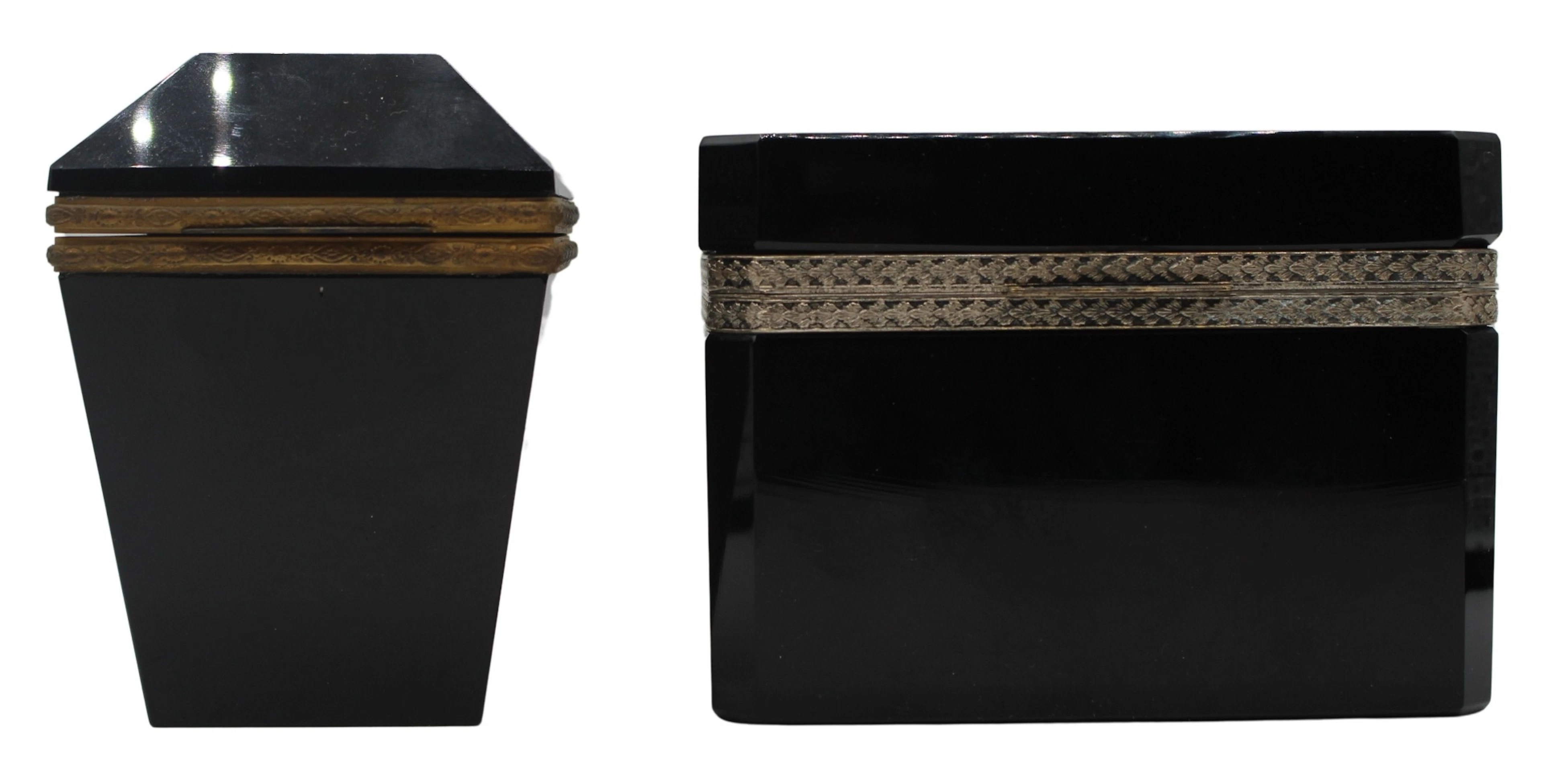(2) French Black Opaline Glass Boxes with Metal