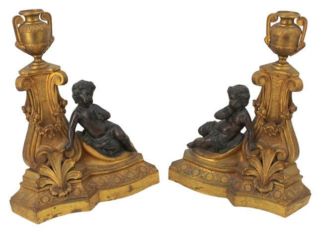 Fine Pair of Antique Gilt & Patinated Bronze