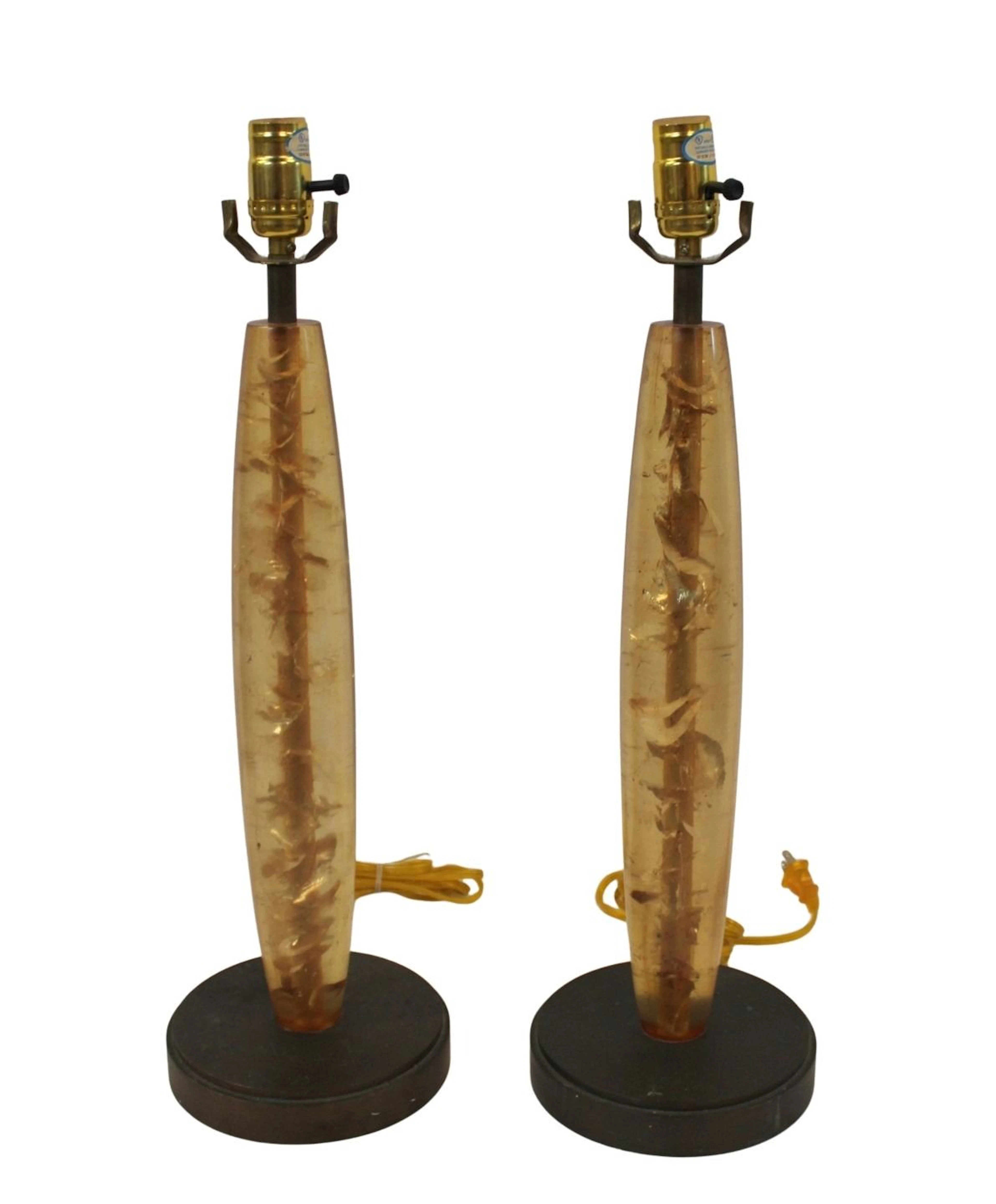 Pair of "Cracked Ice" Resin Lamps with Bronze